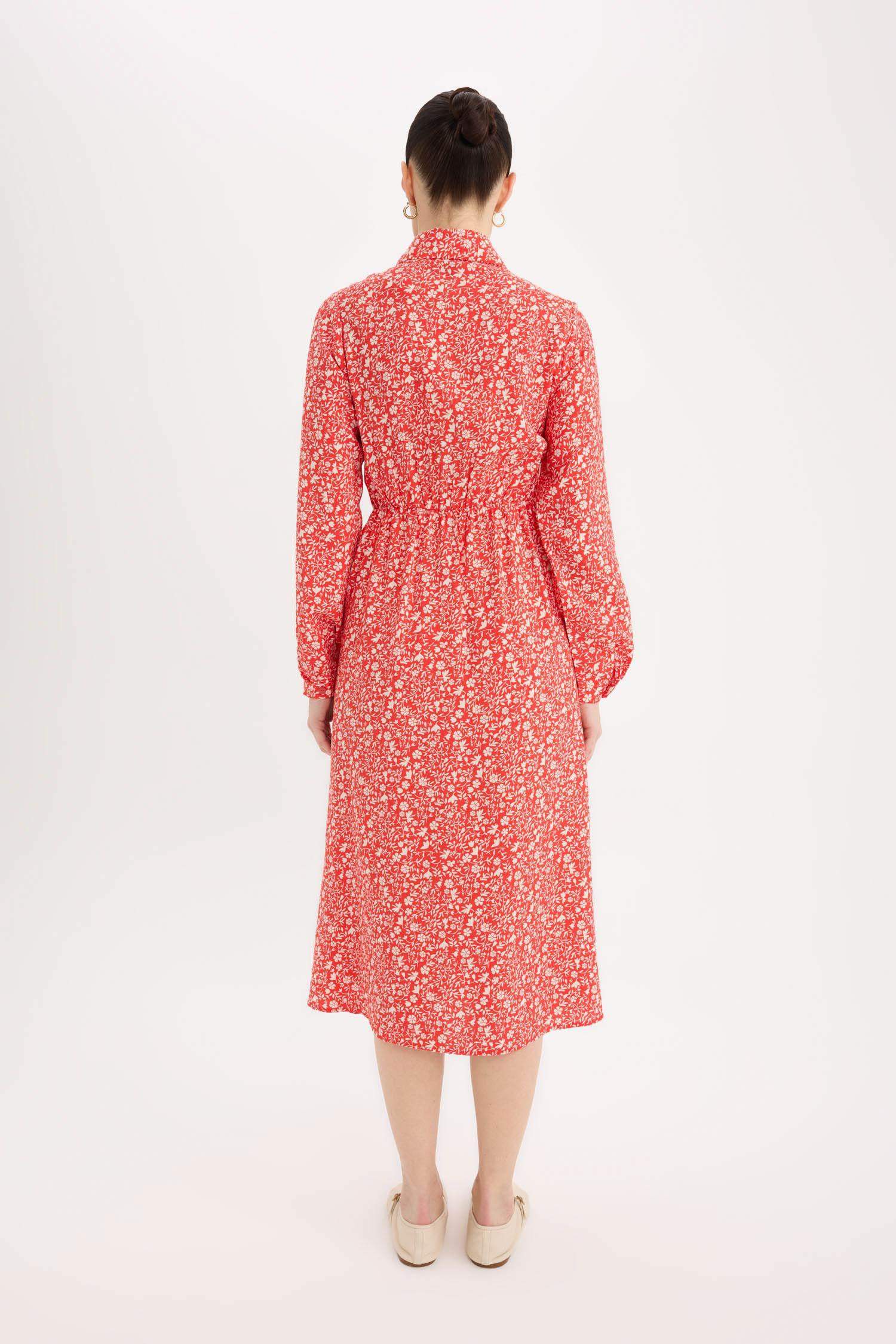 Gömlek Yaka Çiçek Desenli Uzun Kollu Midi Elbise