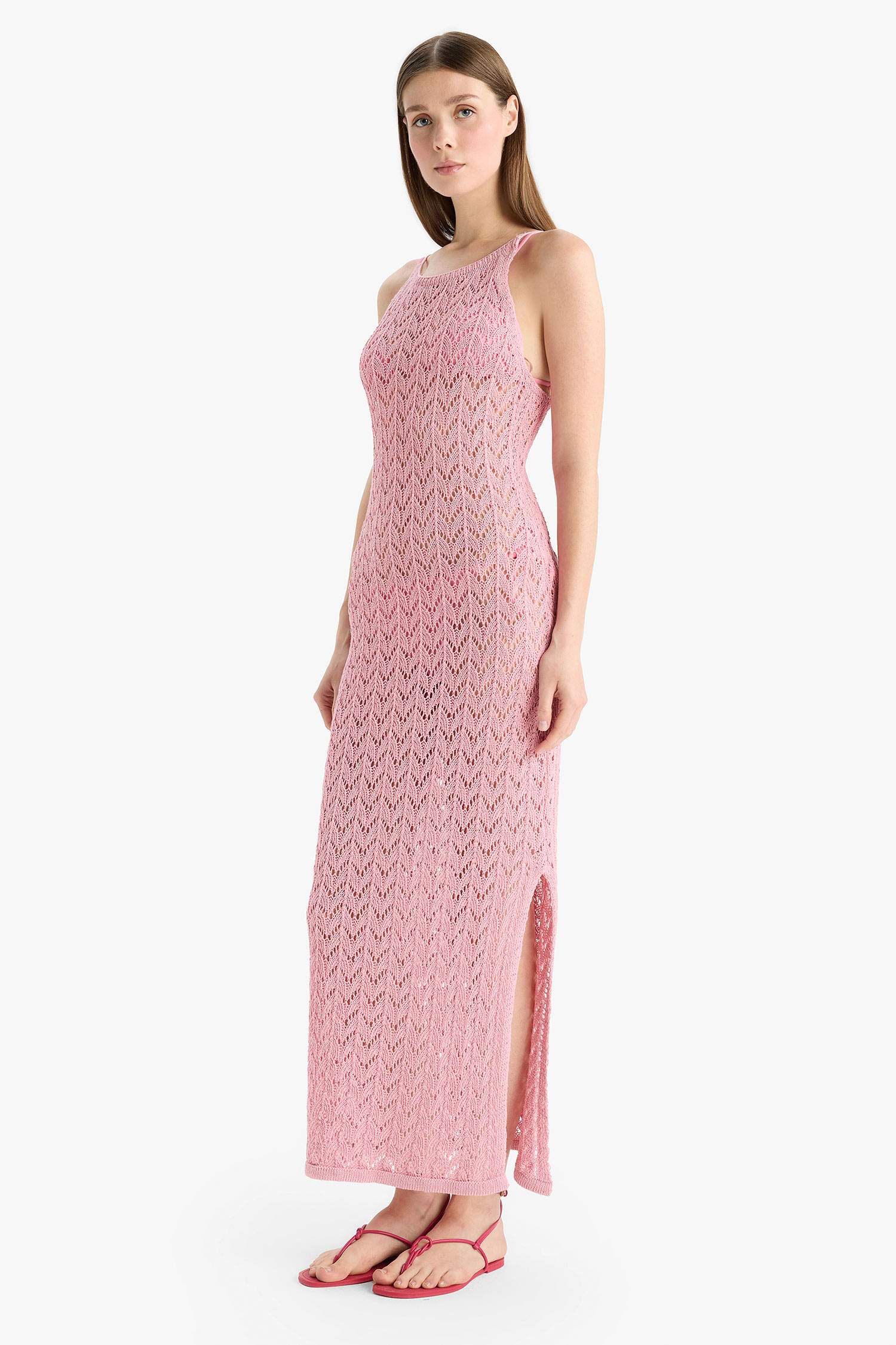 Yuvarlak Yaka Askılı Triko Plaj Elbisesi-Fall in Love