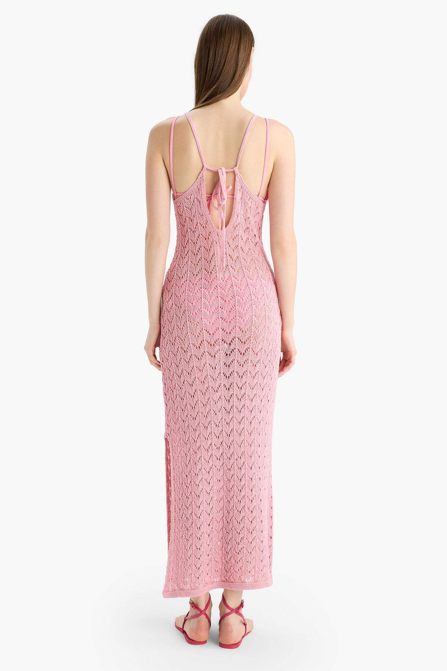 Yuvarlak Yaka Askılı Triko Plaj Elbisesi-Fall in Love