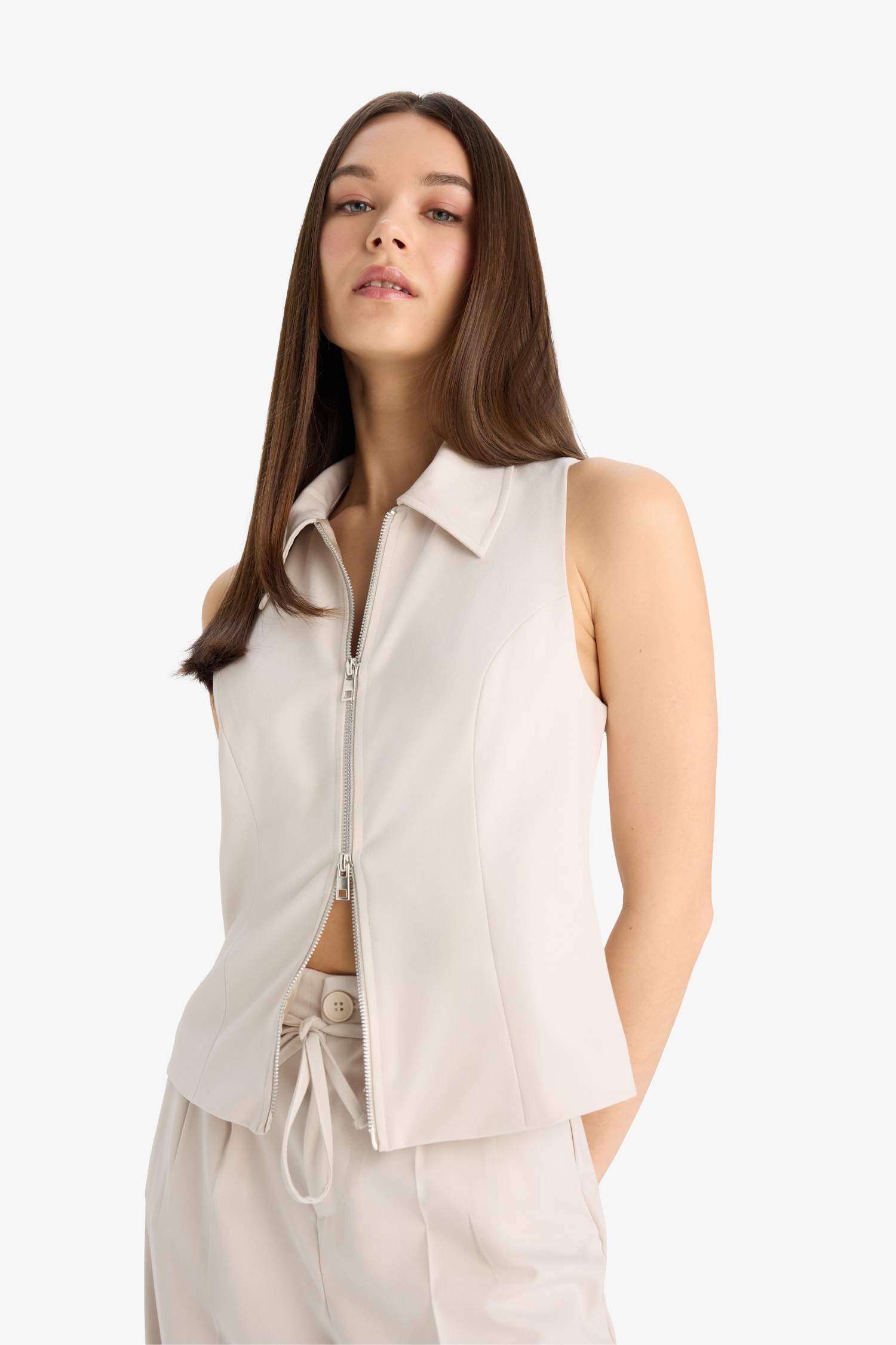 Polo Yaka Fermuarlı Dokuma Yelek