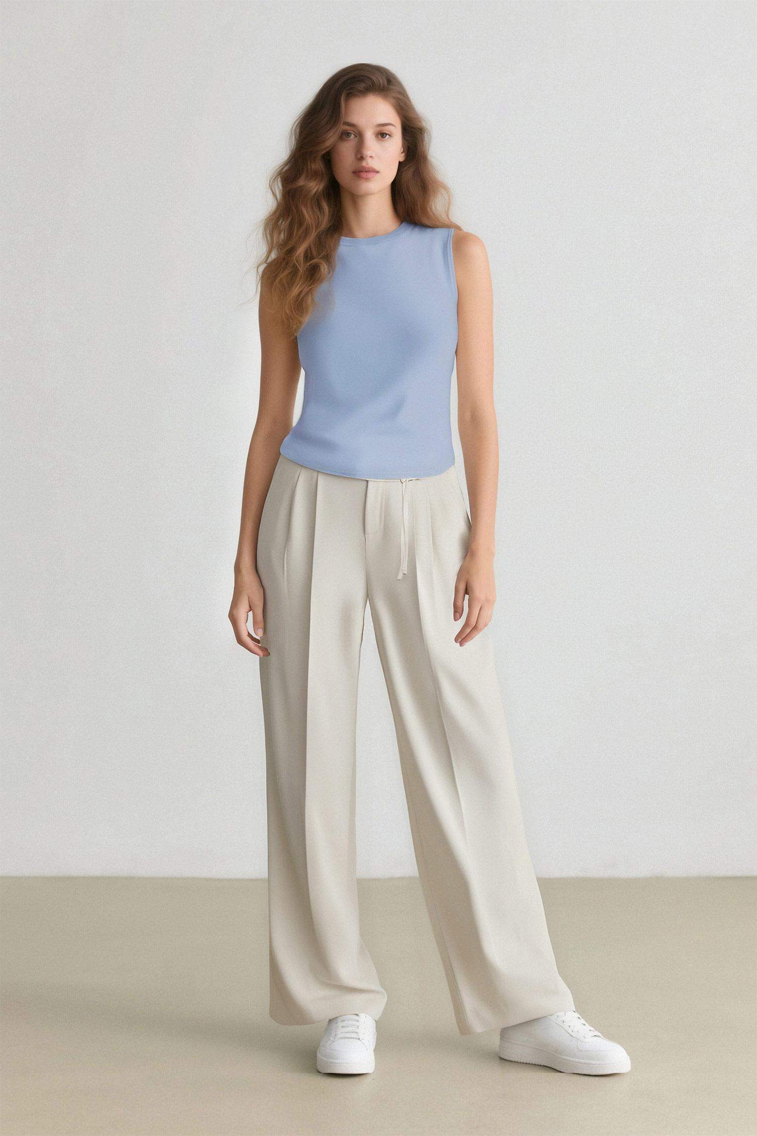 Wide Leg Kumaş Palazzo Pantolon Üç Cepli Normal Bel Standart Boy