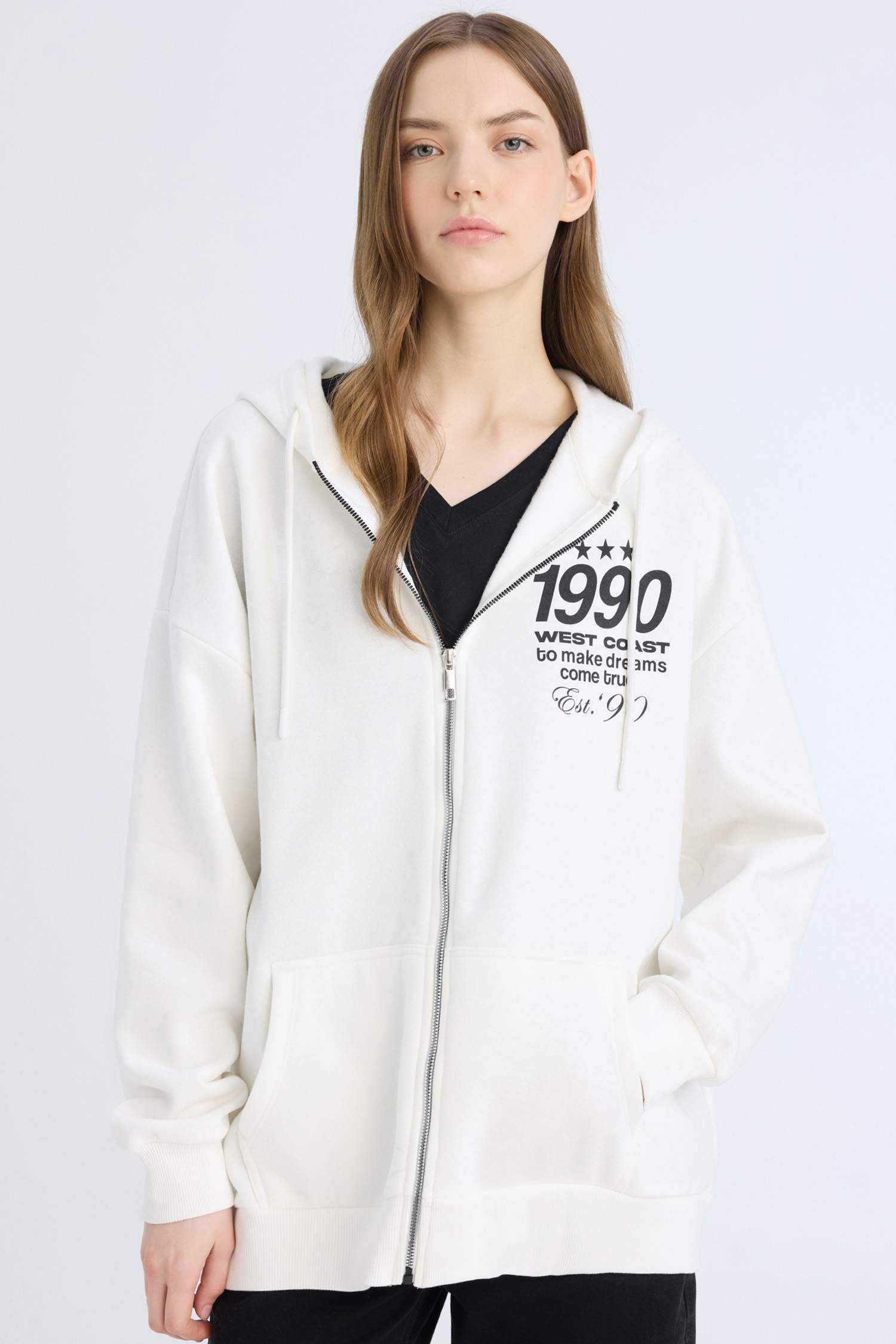 Oversize Geniş Kalıp Kapüşonlu Baskılı Fermuarlı Kalın Sweatshirt