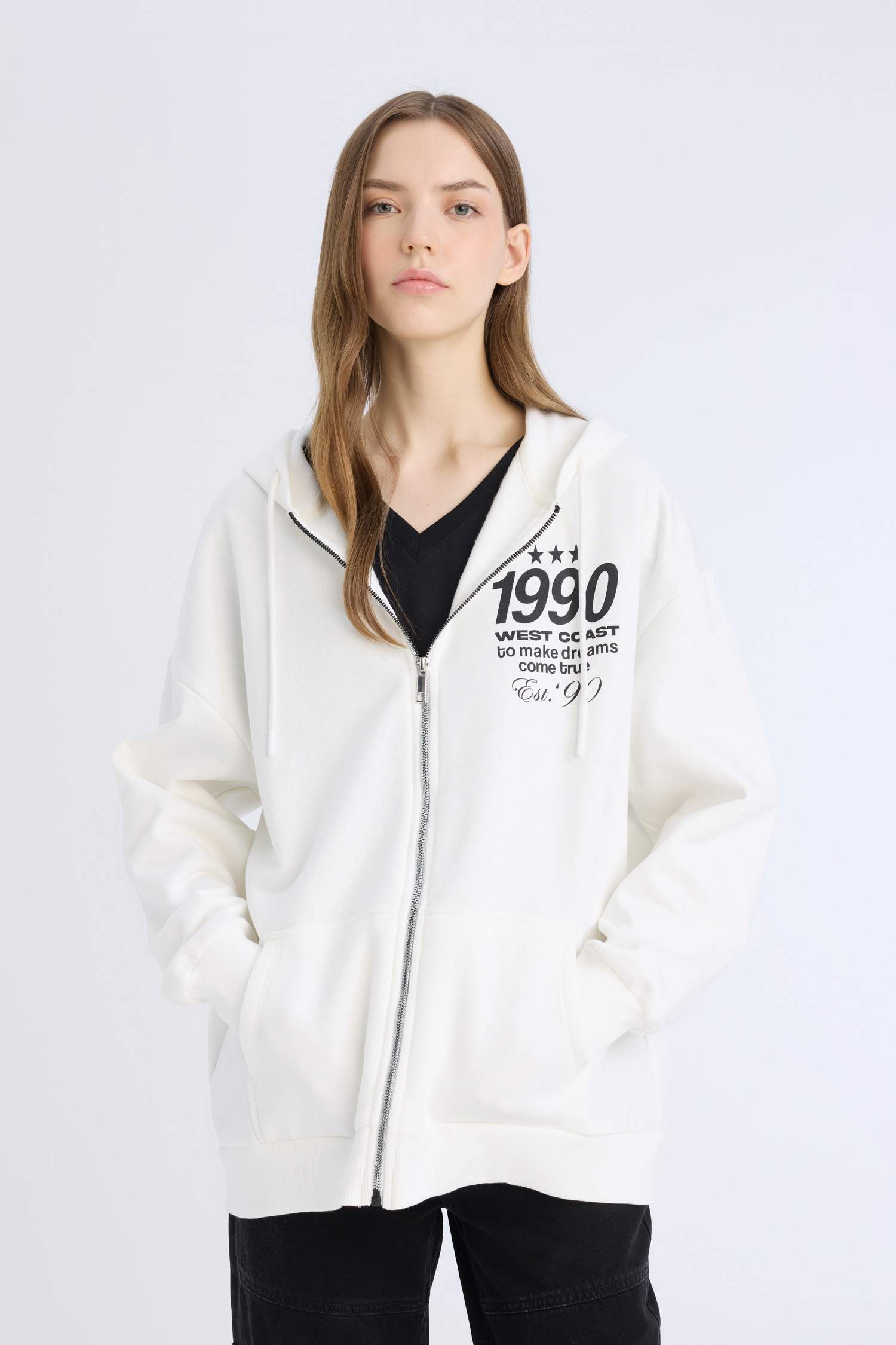 Oversize Geniş Kalıp Kapüşonlu Baskılı Fermuarlı Kalın Sweatshirt