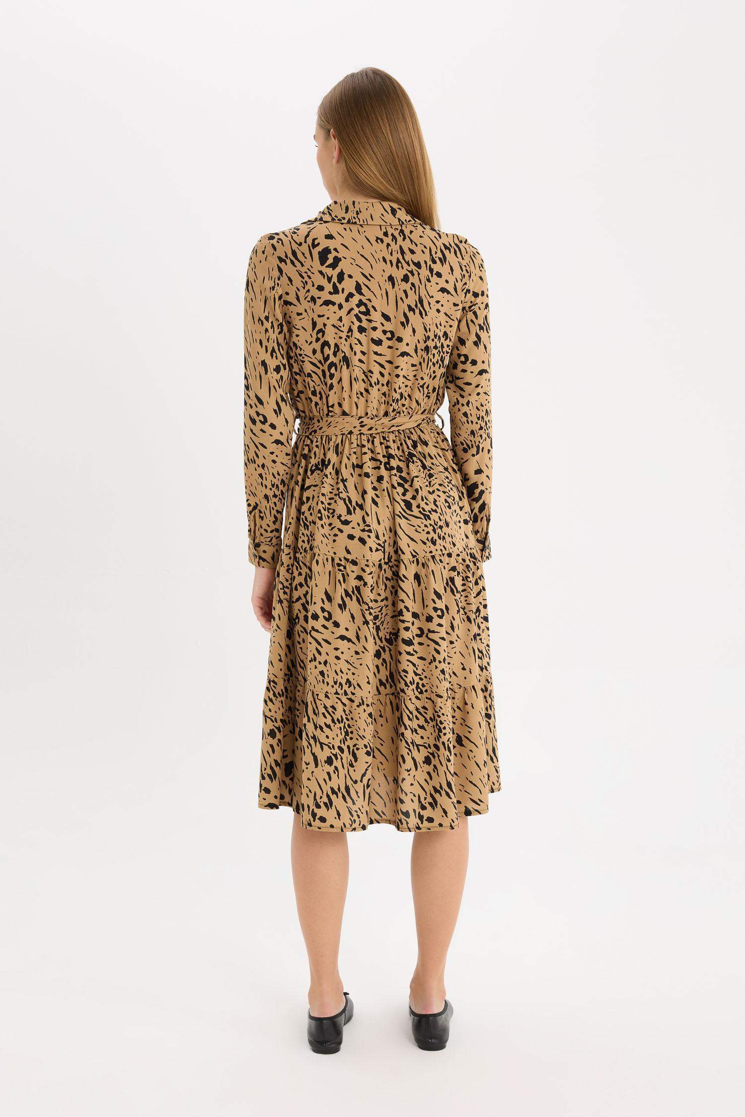 Shirt Collar Leopard Patterned Belted Midi Dress