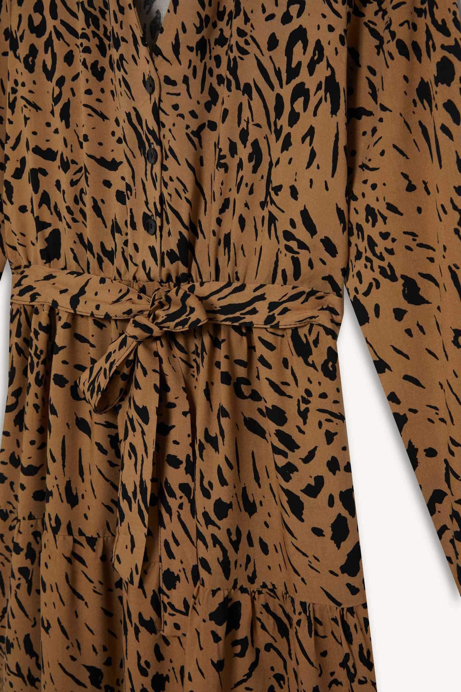 Shirt Collar Leopard Patterned Belted Midi Dress
