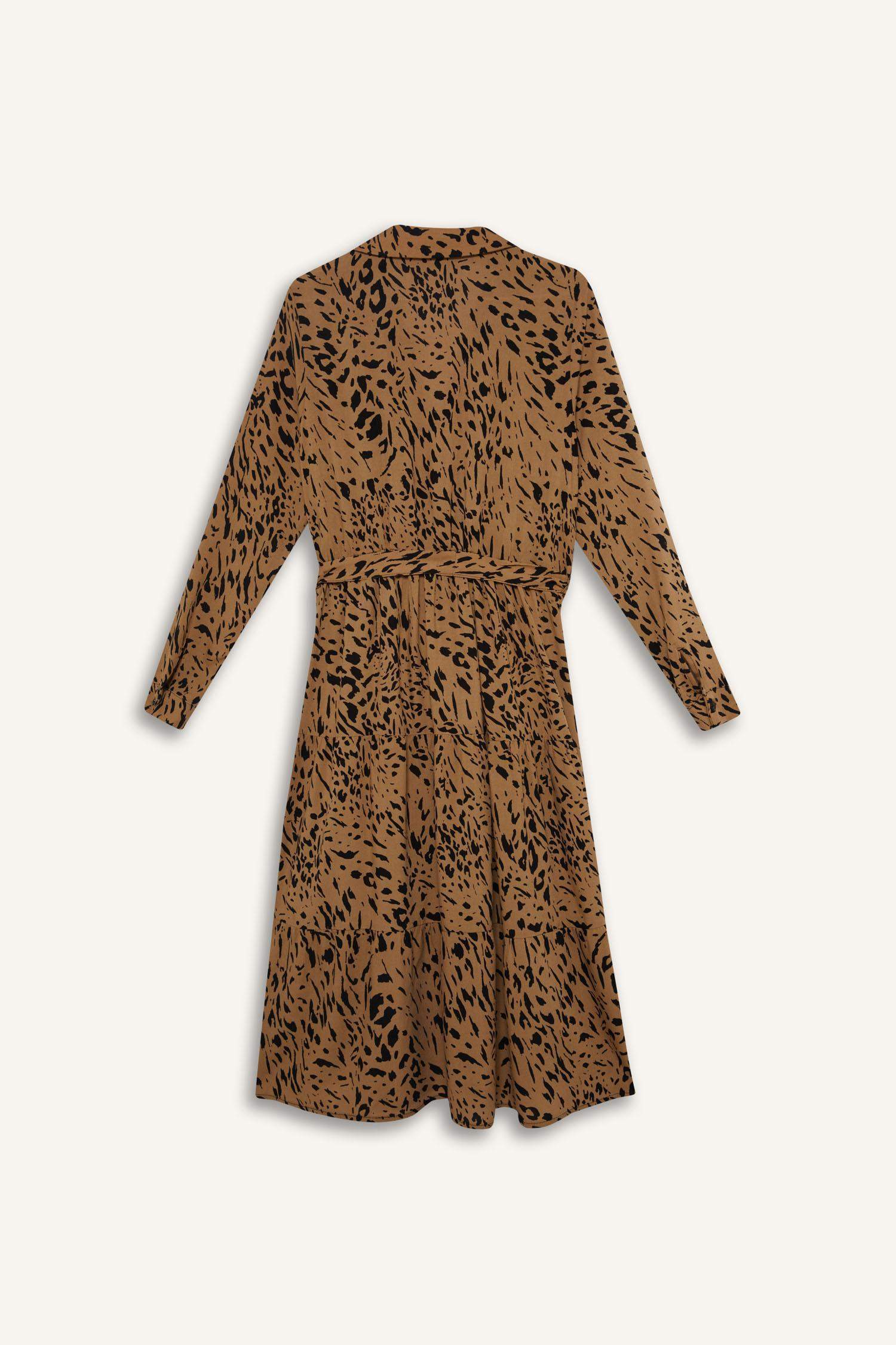 Shirt Collar Leopard Patterned Belted Midi Dress