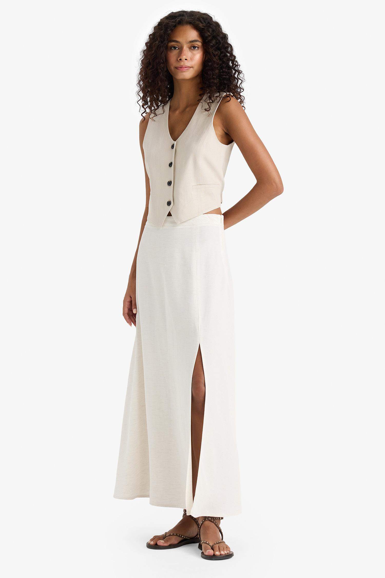 A Cut Regular Waist Linen Blend Maxi Skirt