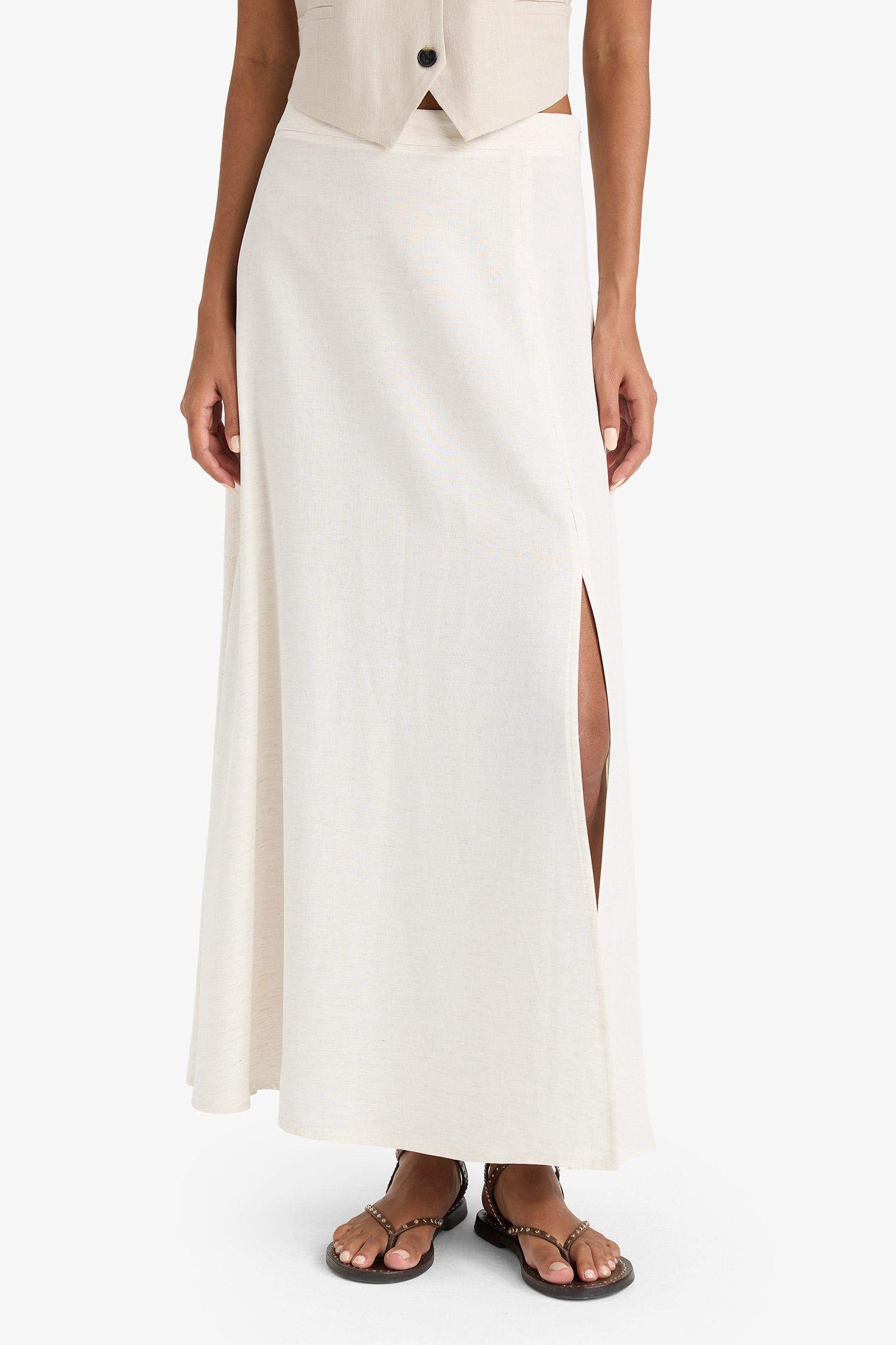 A Cut Regular Waist Linen Blend Maxi Skirt