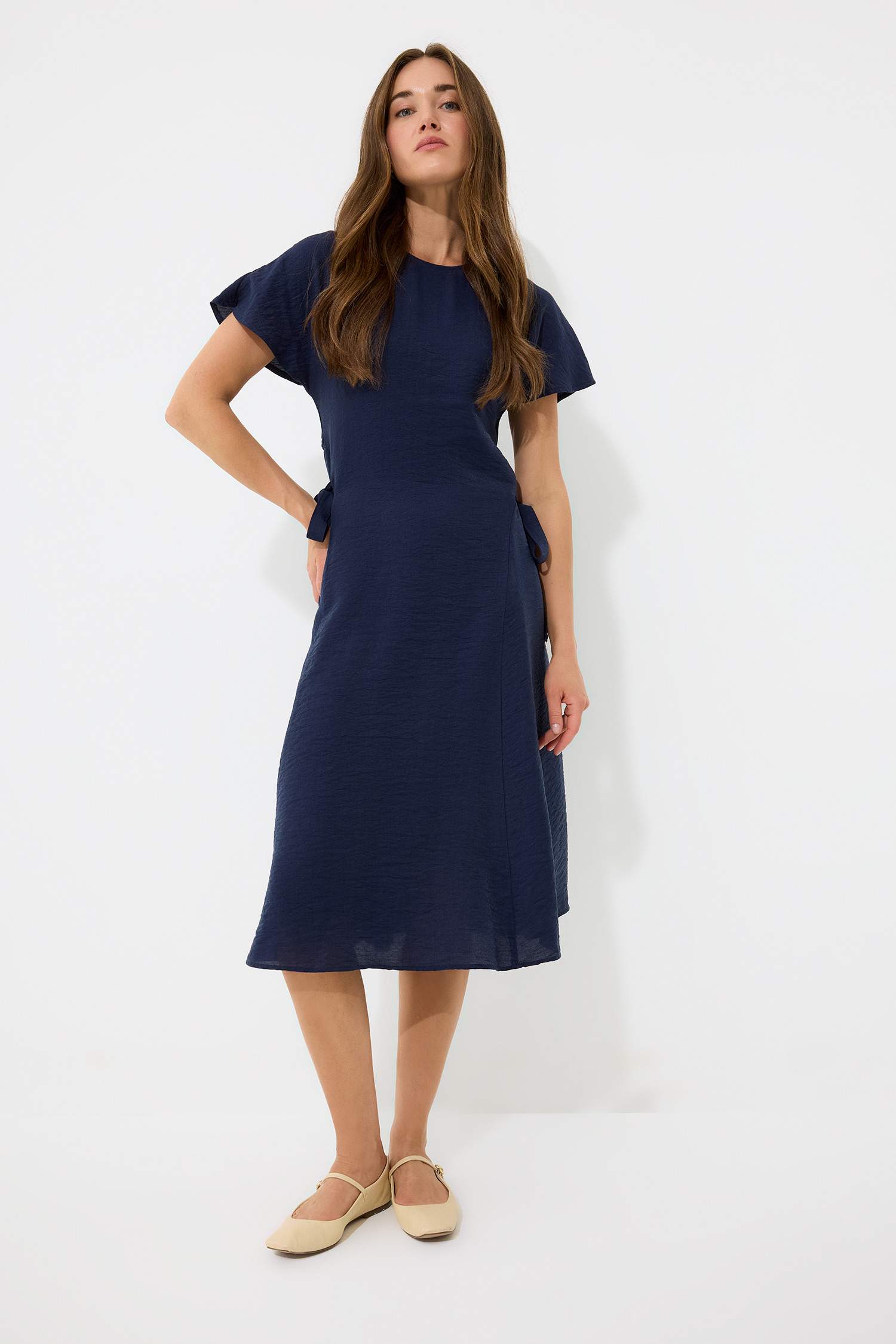 Crew Neck Bat Sleeve Basic Midi Dress