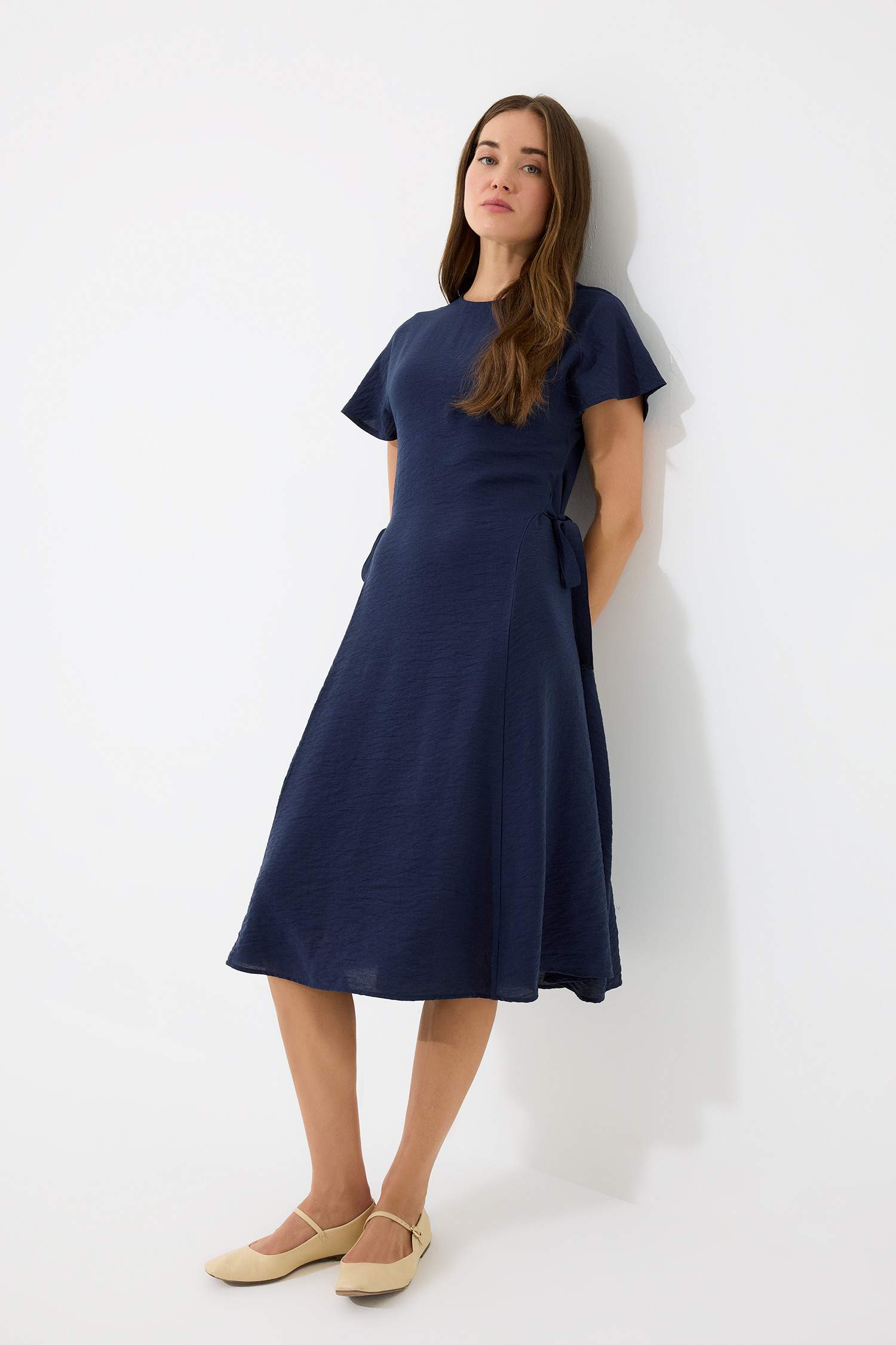 Crew Neck Bat Sleeve Basic Midi Dress