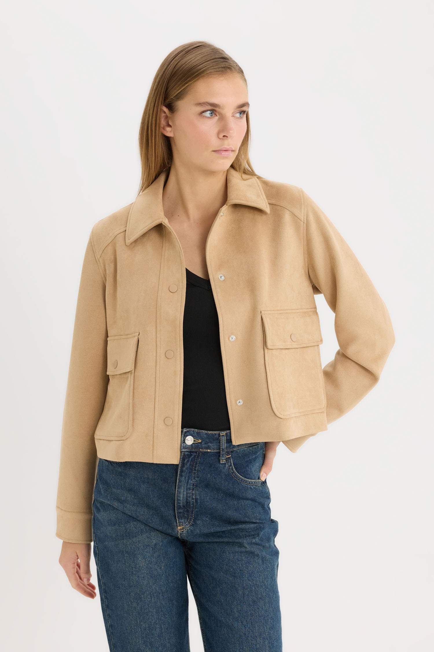 Regular Fit Polo Yaka Cepli Basic Düz Süet Ceket Mont