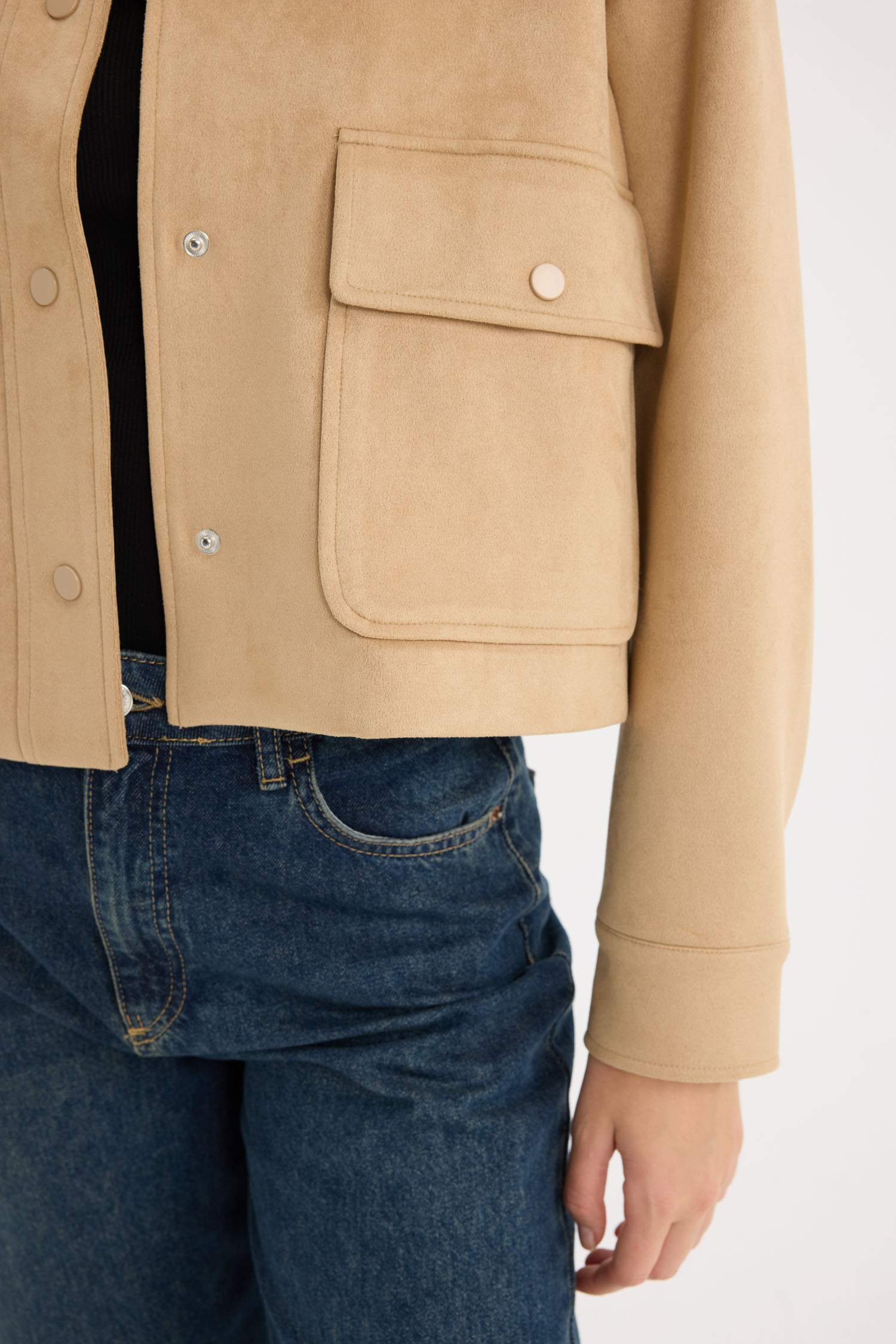 Regular Fit Polo Yaka Cepli Basic Düz Süet Ceket Mont