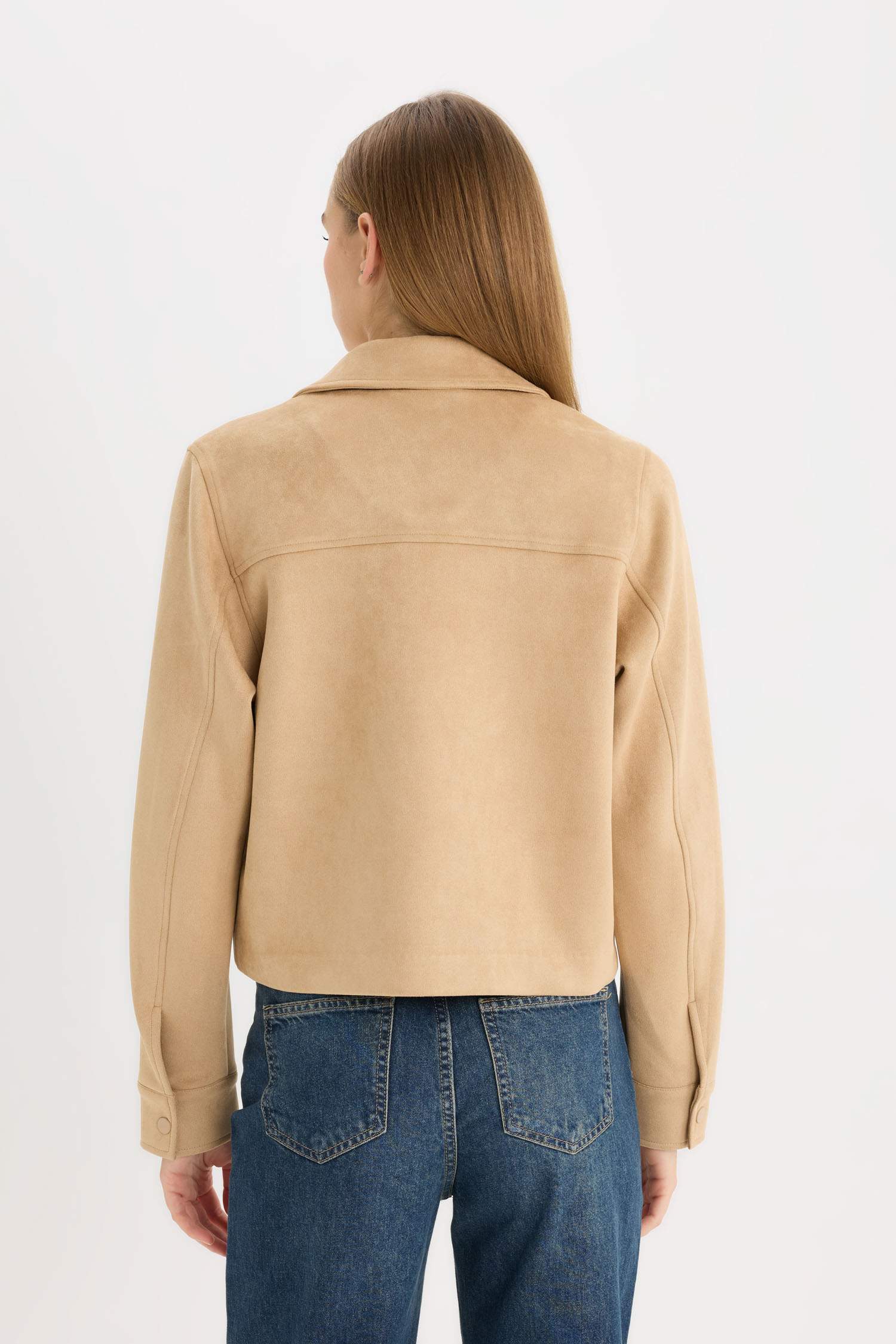 Regular Fit Polo Yaka Cepli Basic Düz Süet Ceket Mont