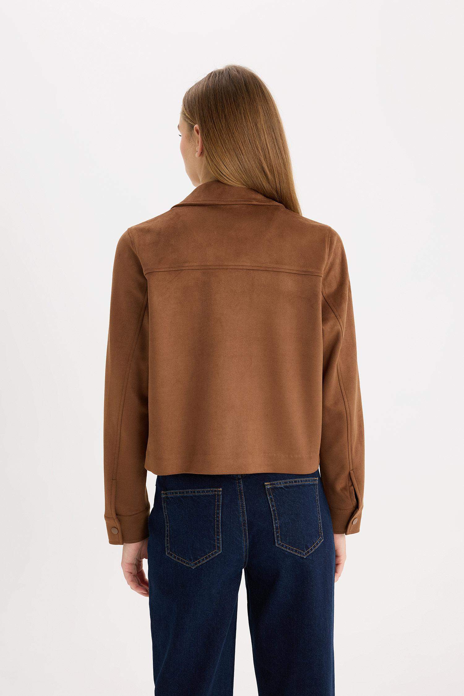 Regular Fit Polo Yaka Cepli Basic Düz Süet Ceket Mont