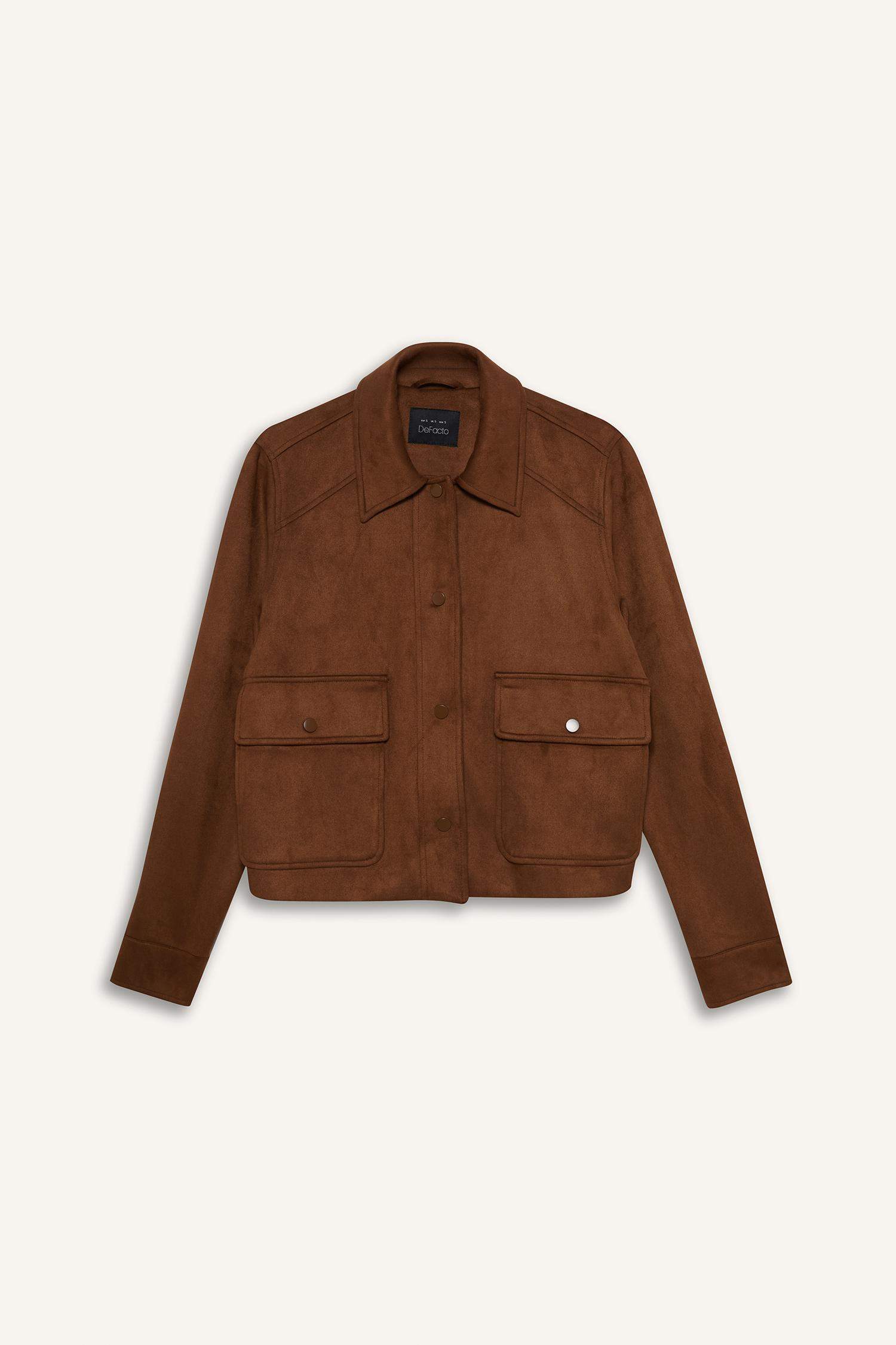 Regular Fit Polo Yaka Cepli Basic Düz Süet Ceket Mont