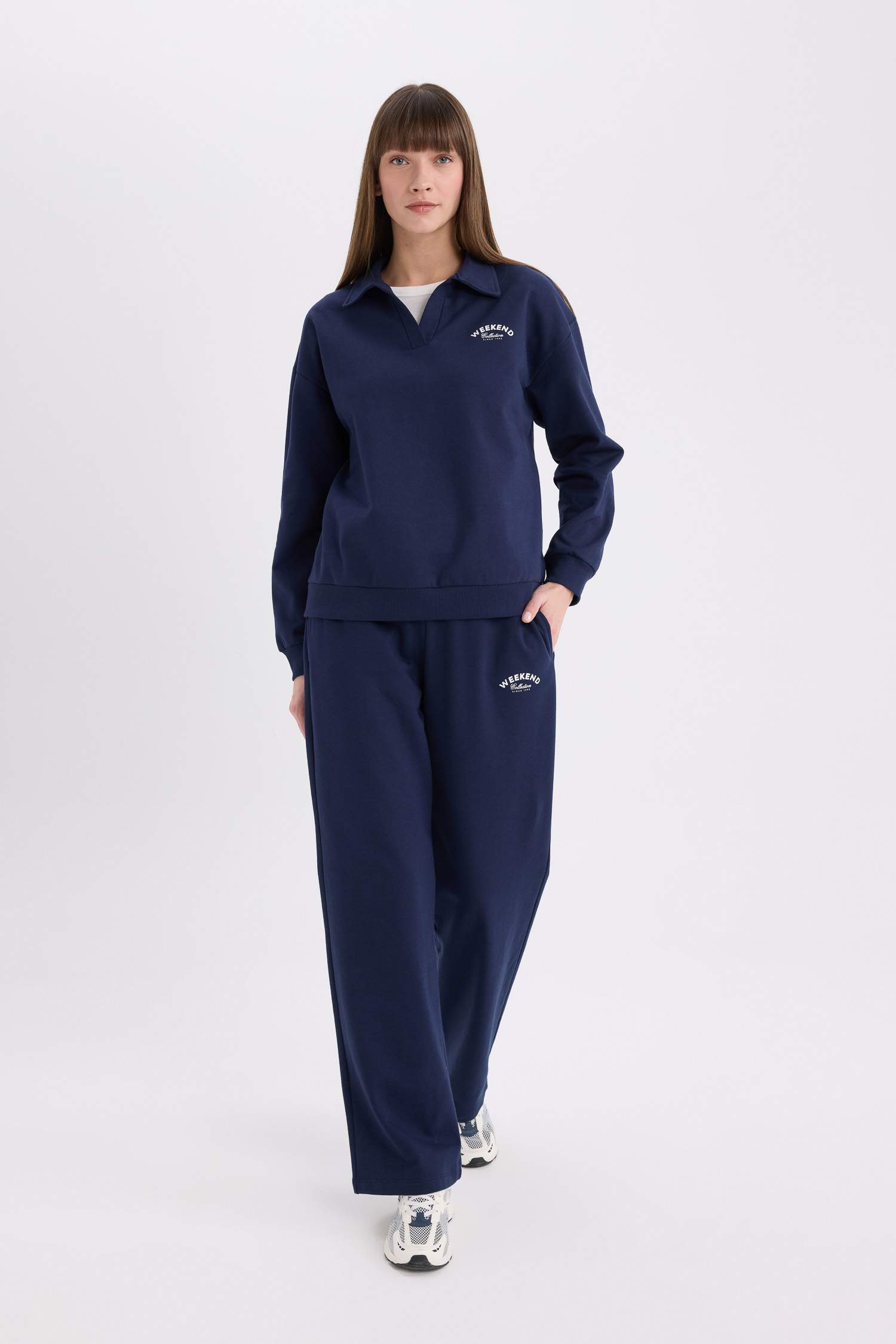 Relax Fit Polo Yaka Baskılı İnce Sweatshirt