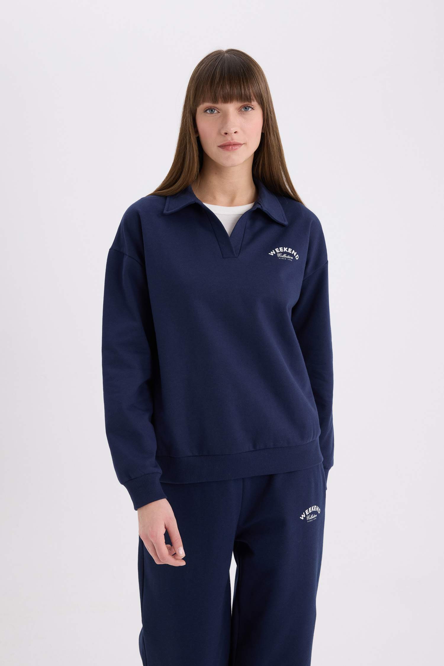 Relax Fit Polo Yaka Baskılı İnce Sweatshirt