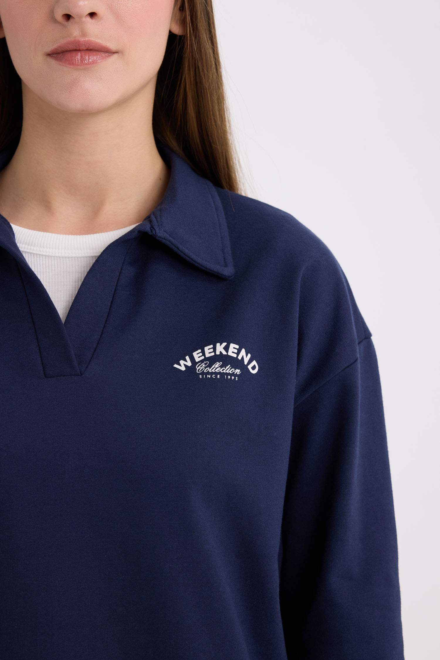 Relax Fit Polo Yaka Baskılı İnce Sweatshirt