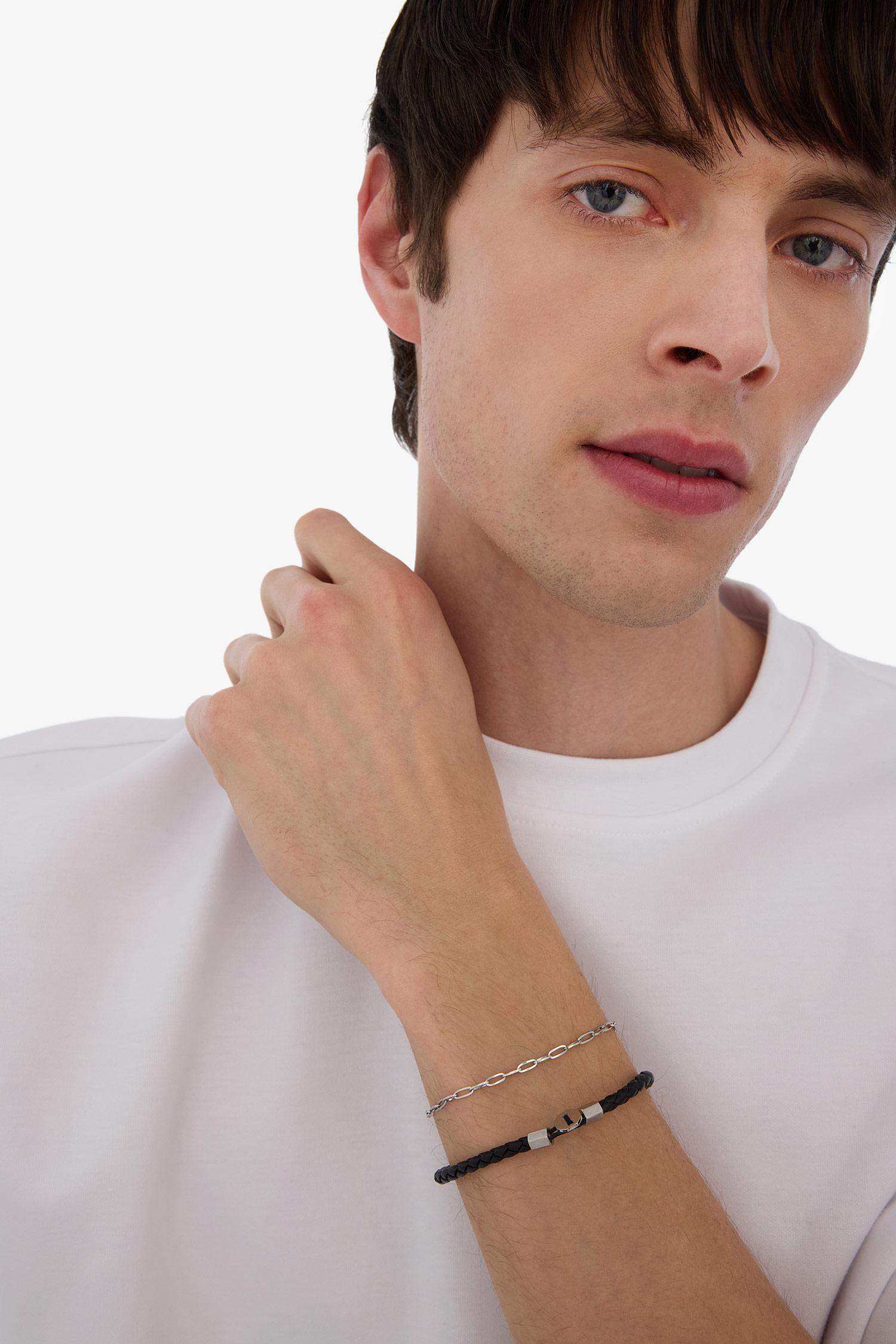 AtolyeWolf x DeFacto Erkek 2'li Siyah Deri Çelik Parçalı ve Çelik Zincir Detaylı İnce Forsa Bileklik