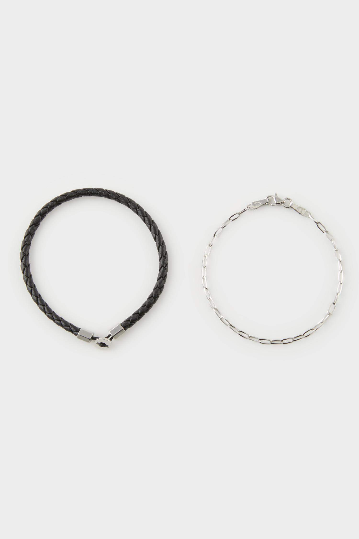 AtolyeWolf x DeFacto Erkek 2'li Siyah Deri Çelik Parçalı ve Çelik Zincir Detaylı İnce Forsa Bileklik