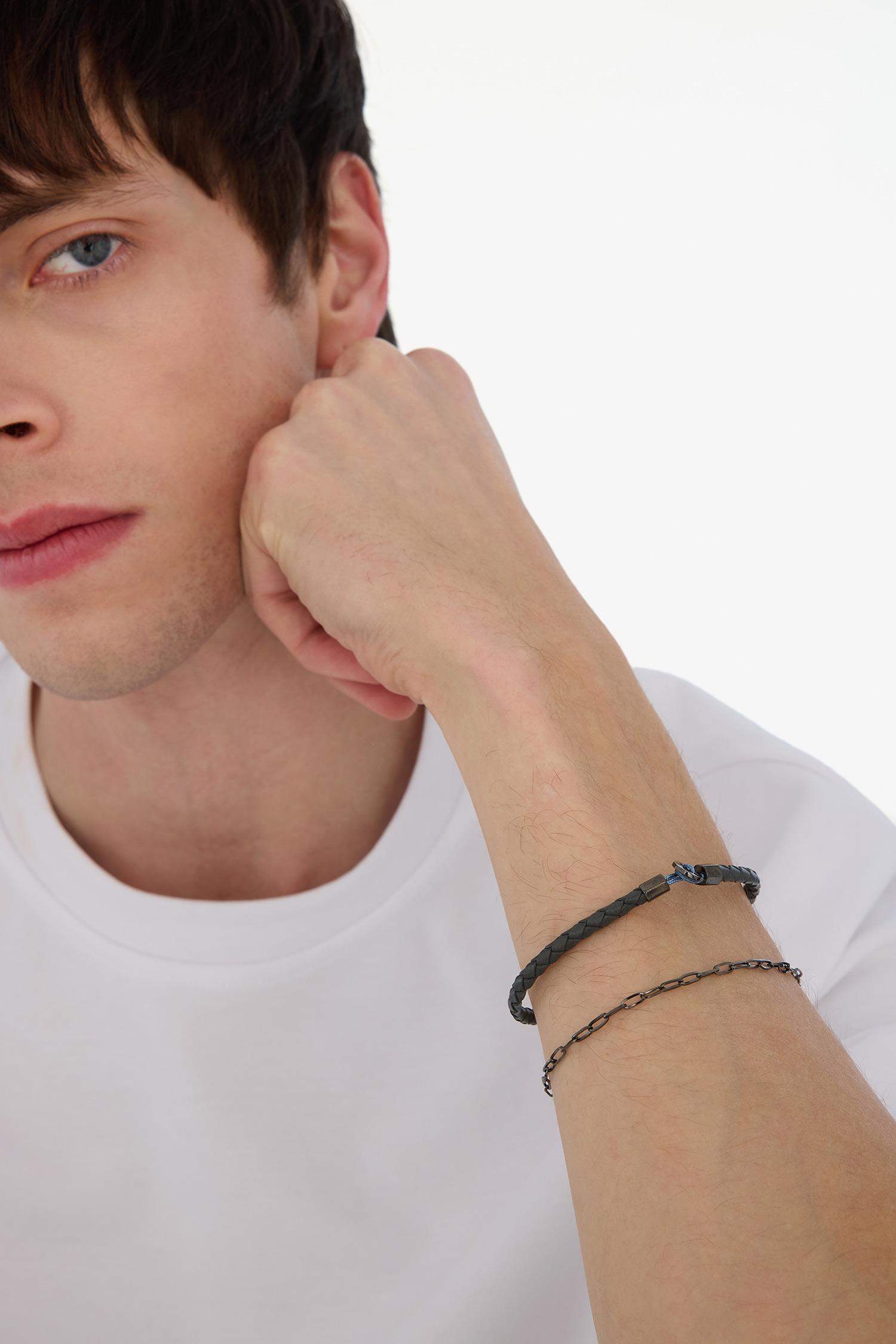 AtolyeWolf x DeFacto Erkek 2'li Gri Deri Çelik Parçalı ve Çelik Zincir Detaylı İnce Forsa Bileklik
