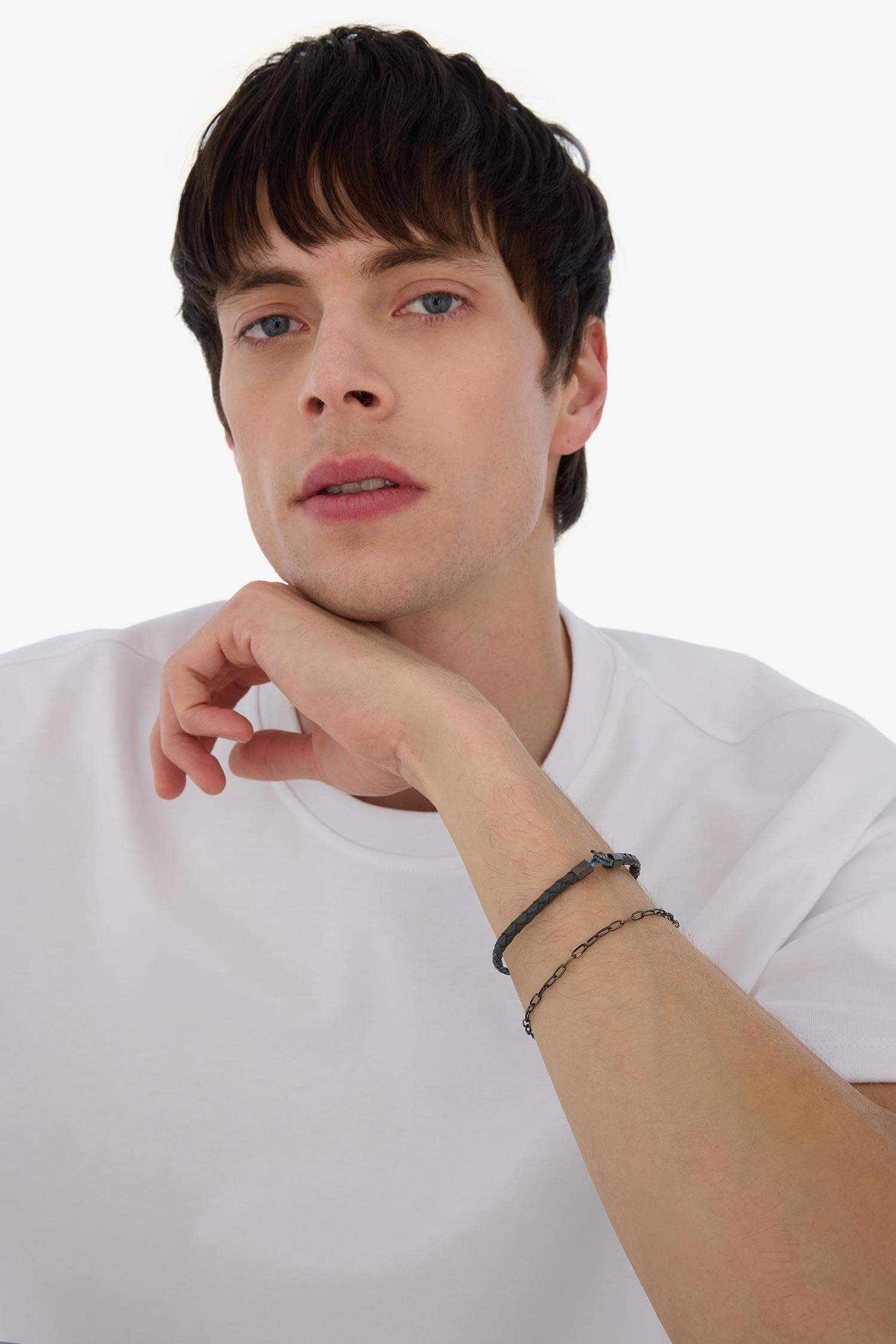 AtolyeWolf x DeFacto Erkek 2'li Gri Deri Çelik Parçalı ve Çelik Zincir Detaylı İnce Forsa Bileklik