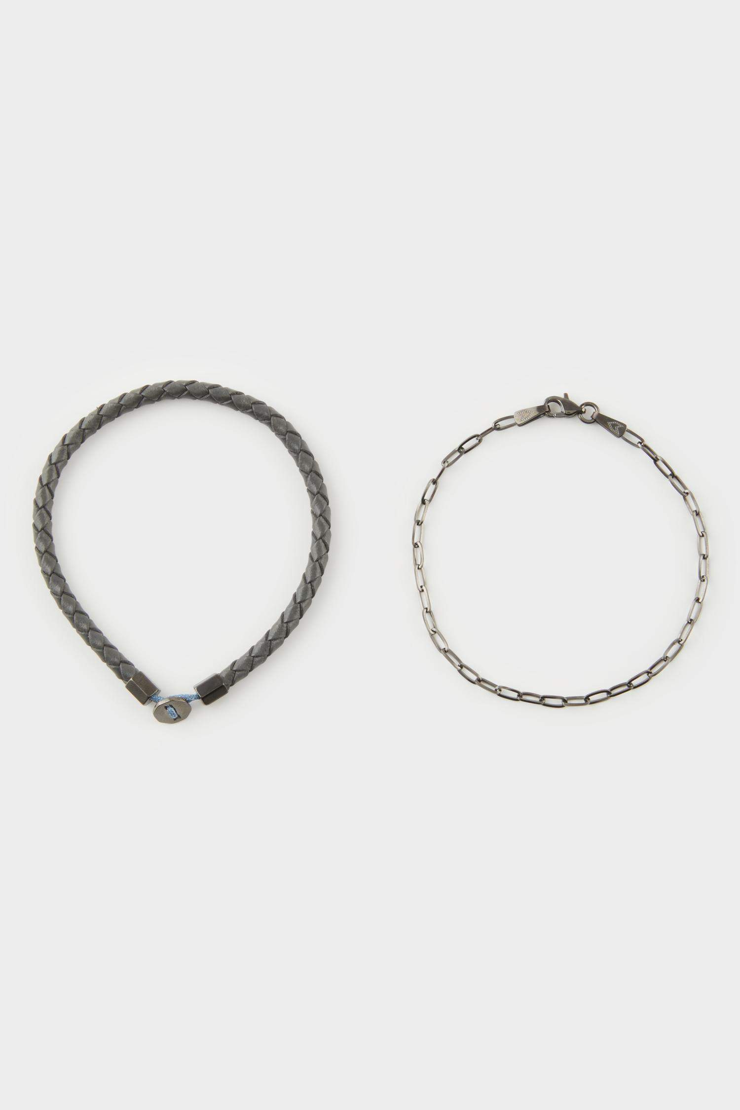 AtolyeWolf x DeFacto Erkek 2'li Gri Deri Çelik Parçalı ve Çelik Zincir Detaylı İnce Forsa Bileklik