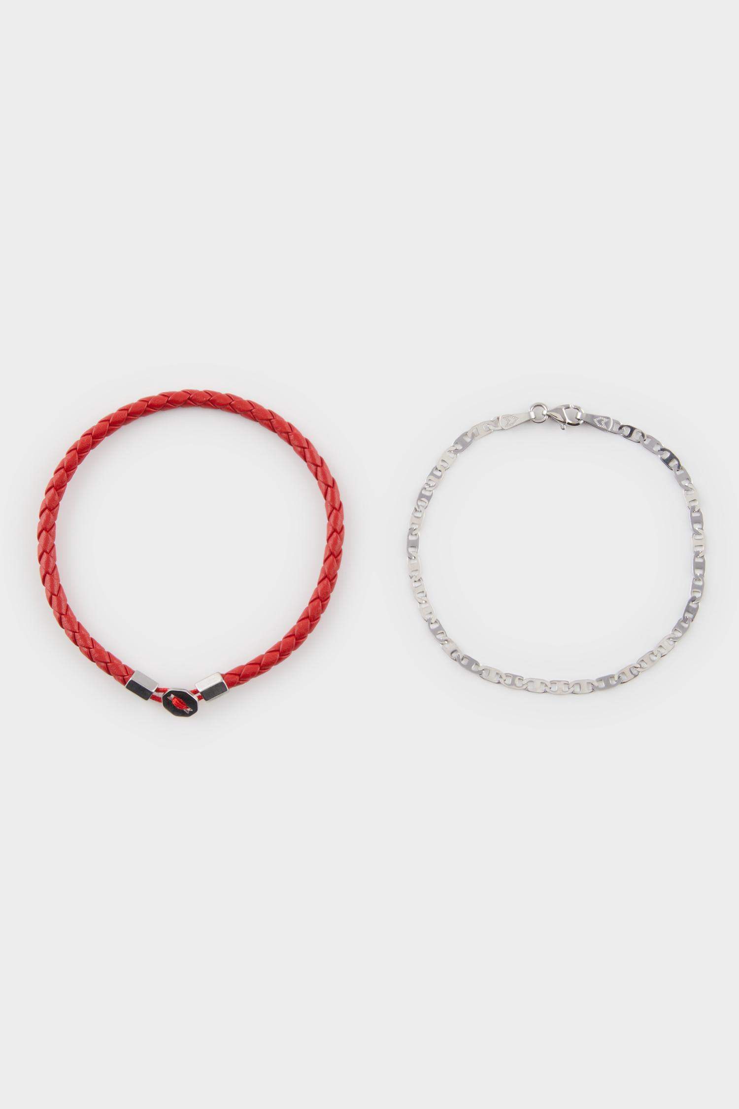 AtolyeWolf x DeFacto Erkek 2'li Kırmızı Deri Çelik Parçalı ve Gümüş Bar Çelik Zincirli Bileklik