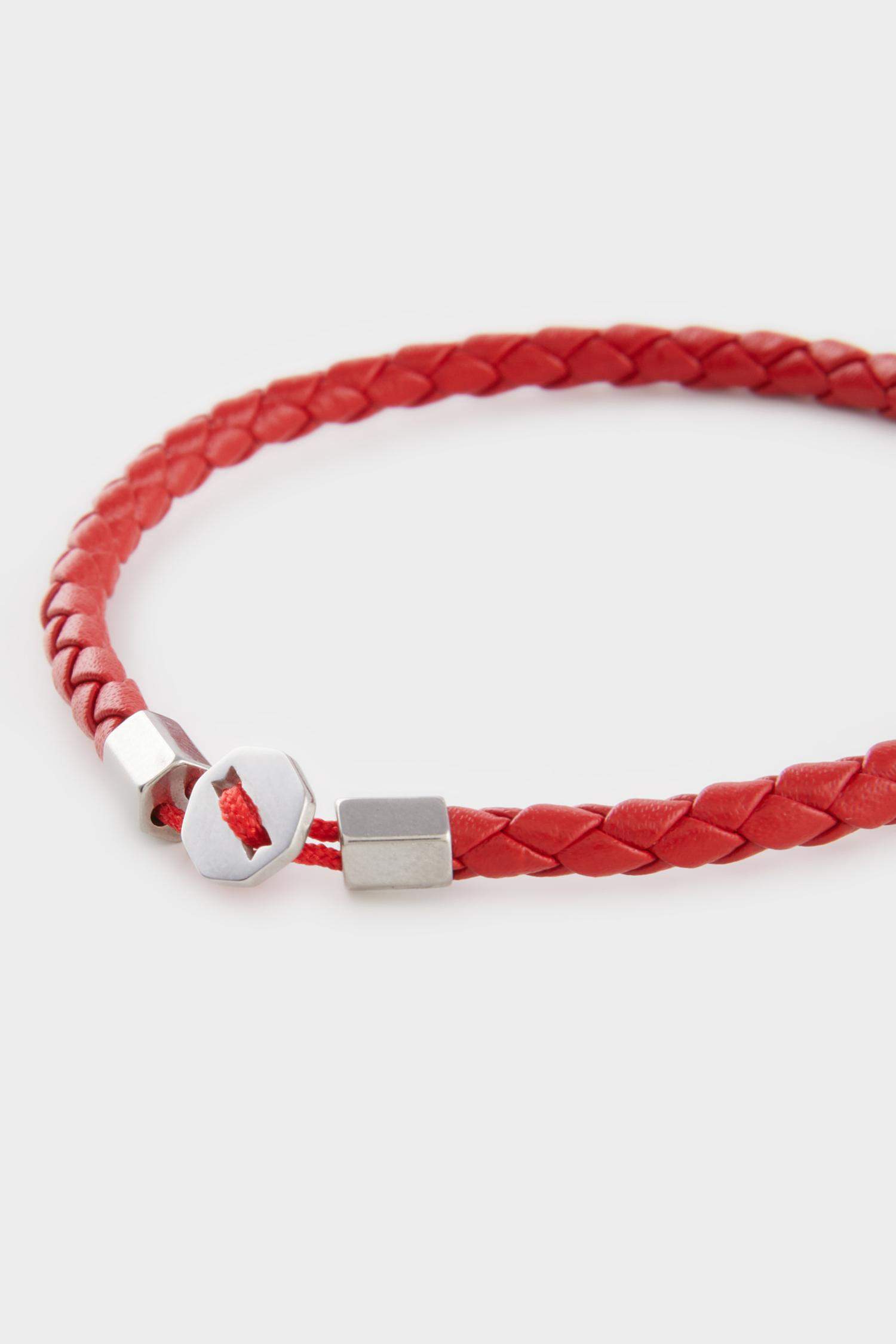 AtolyeWolf x DeFacto Erkek 2'li Kırmızı Deri Çelik Parçalı ve Gümüş Bar Çelik Zincirli Bileklik