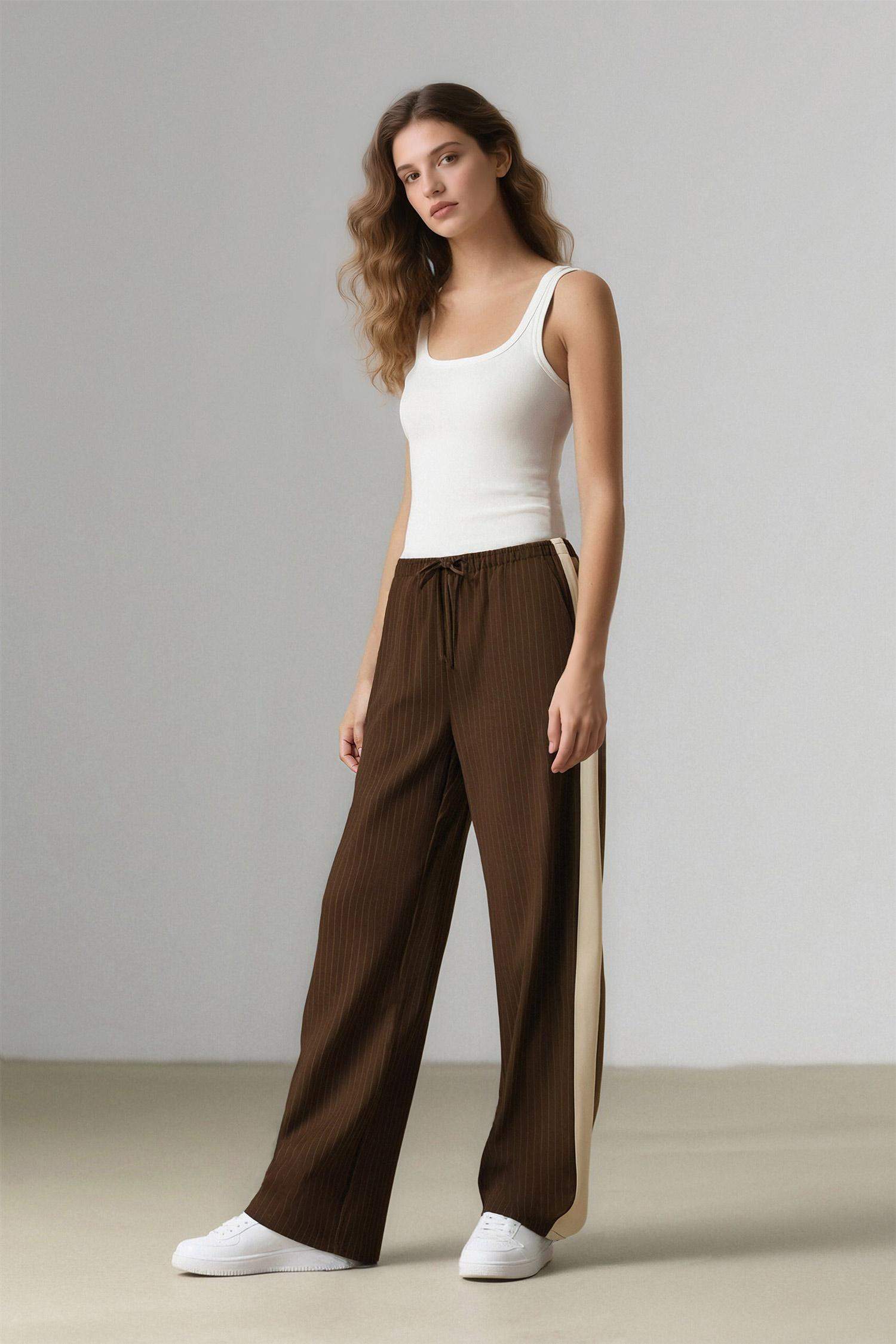 Pantalon large rayé à taille normale