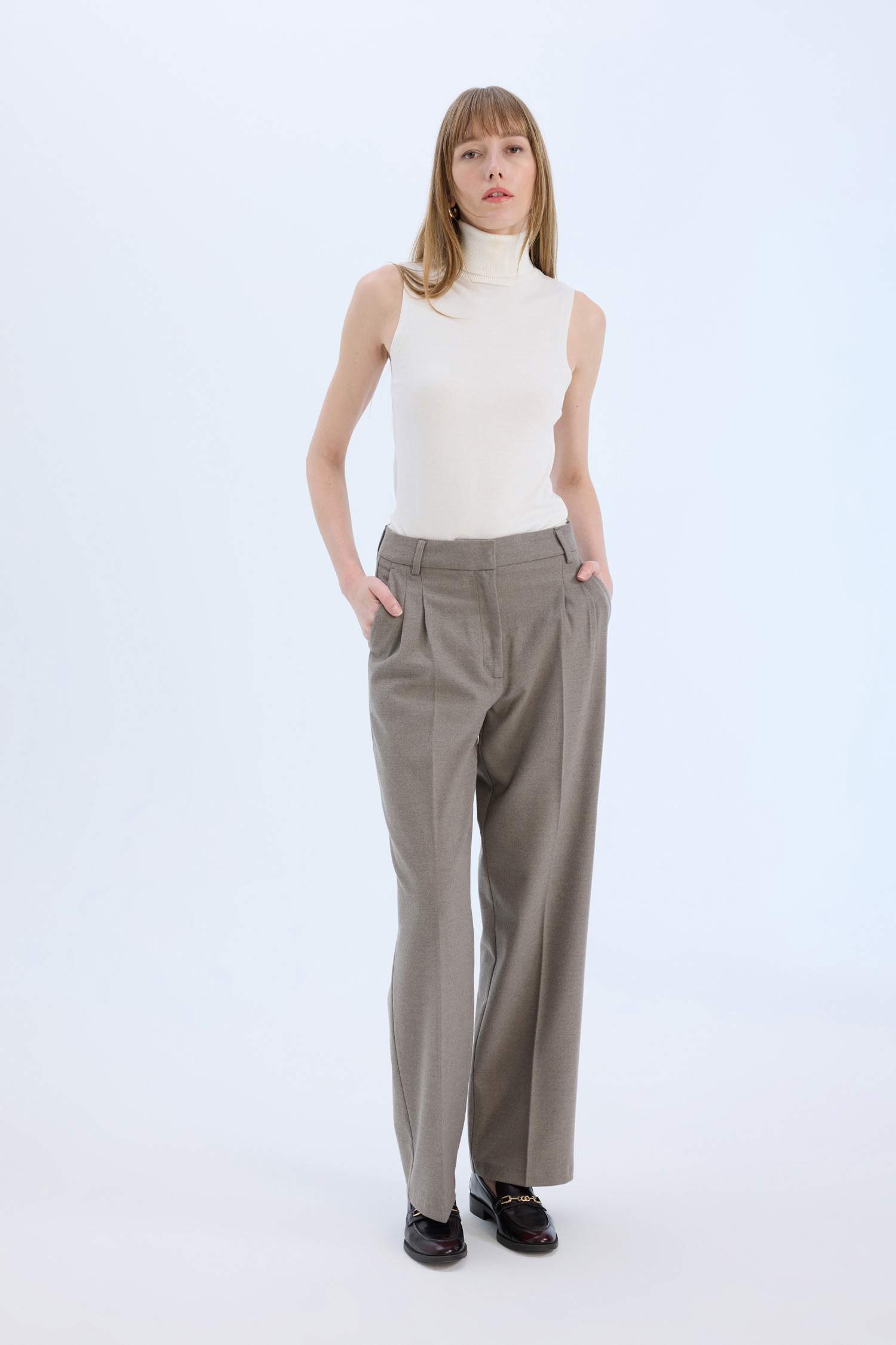 High Waist Straight Leg Darted Flannel Wide Leg Trousers