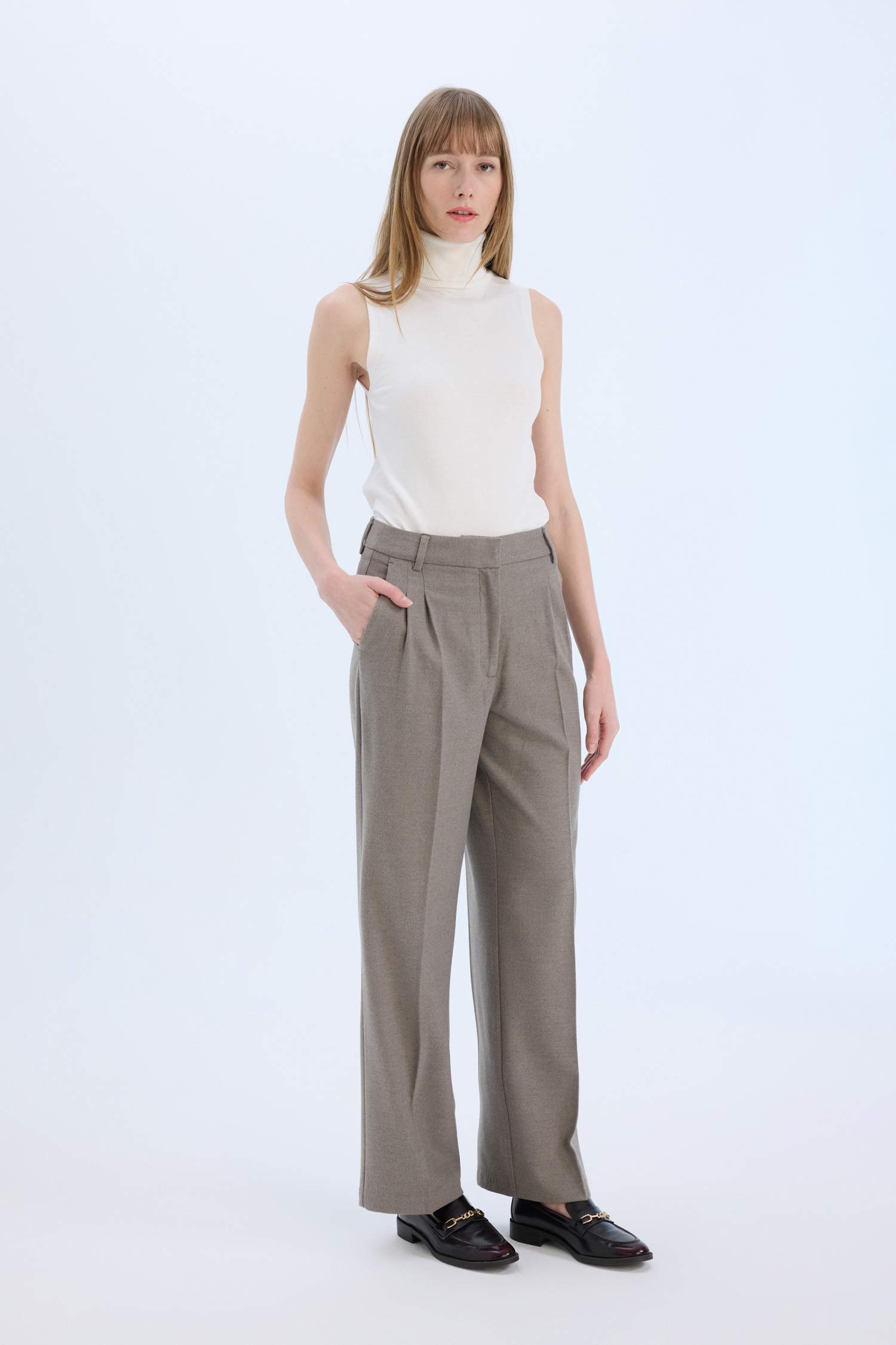 High Waist Straight Leg Darted Flannel Wide Leg Trousers