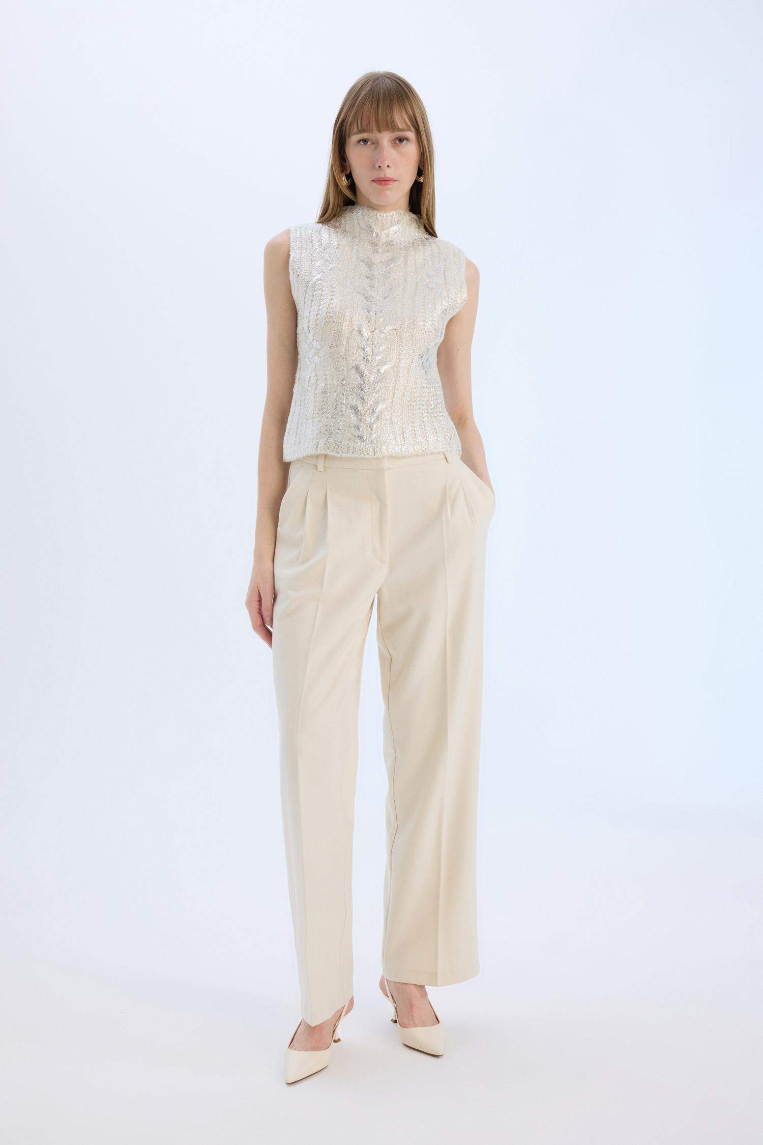 Wide Leg Yüksek Bel Geniş Düz Paça Pensli Flanel Kumaş Pantolon