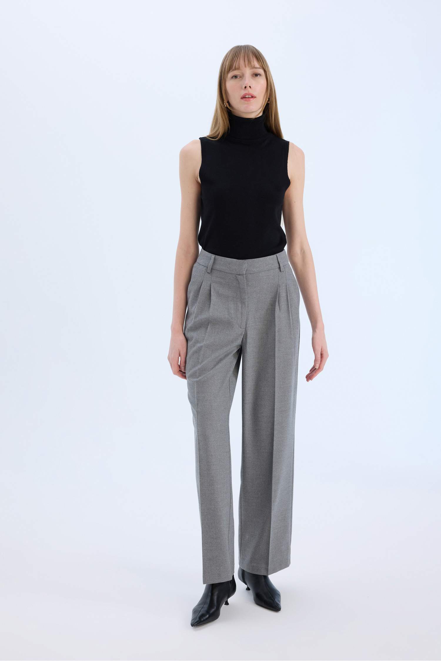 High Waist Straight Leg Darted Flannel Wide Leg Trousers