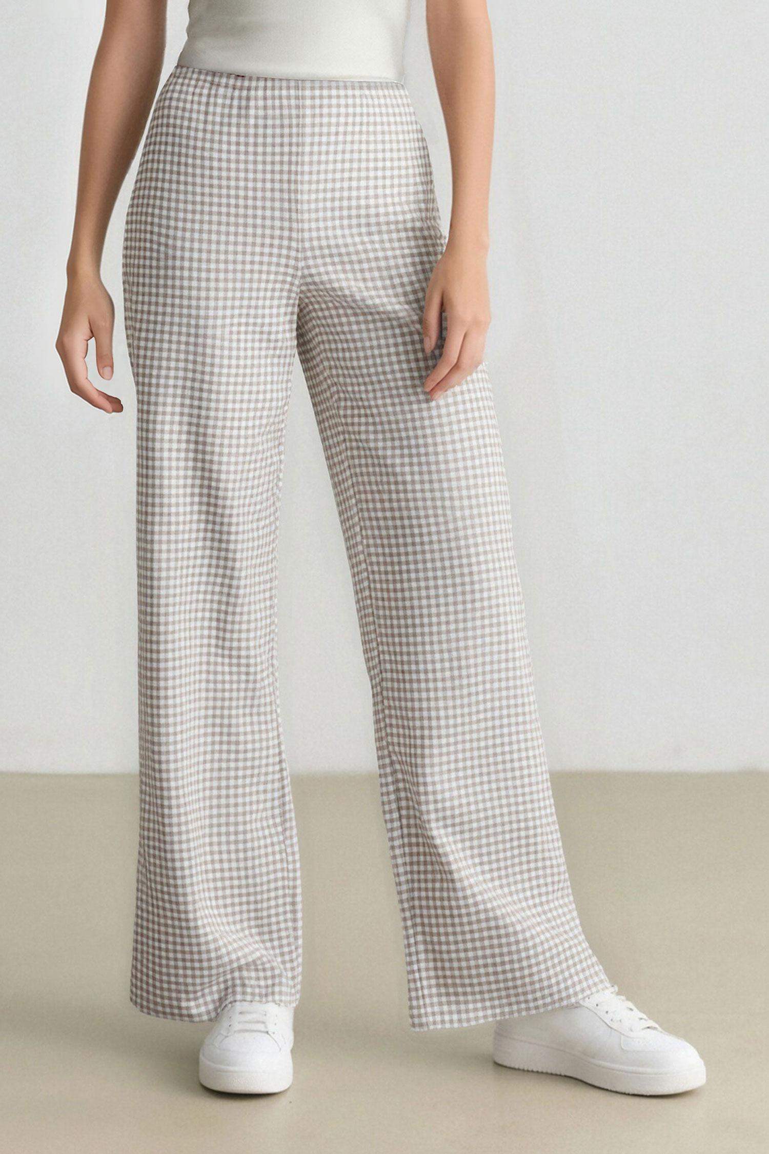 Wide Leg Kareli Normal Bel Geniş Paça Pantolon