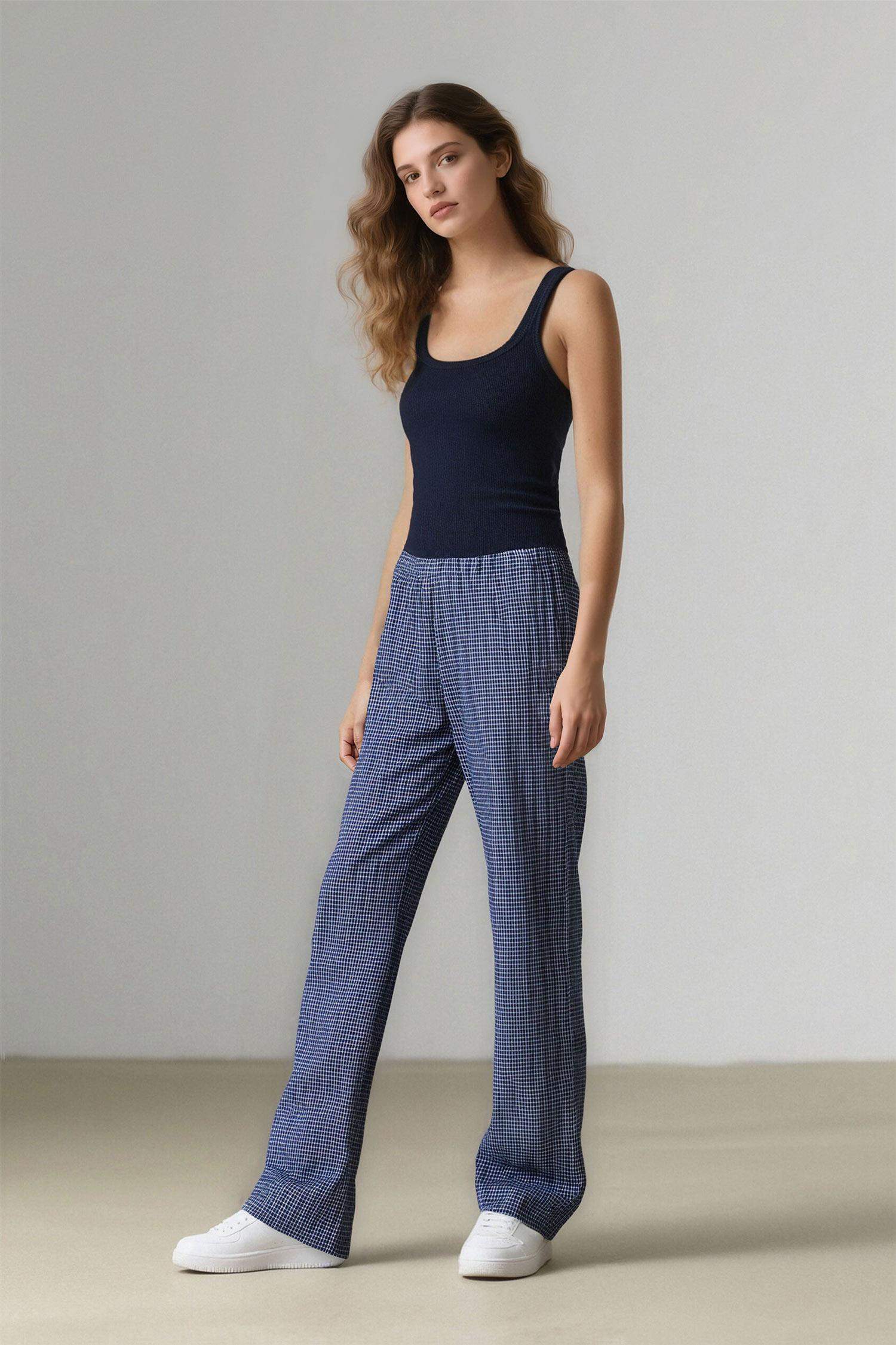 Wide Leg Kareli Normal Bel Geniş Paça Pantolon