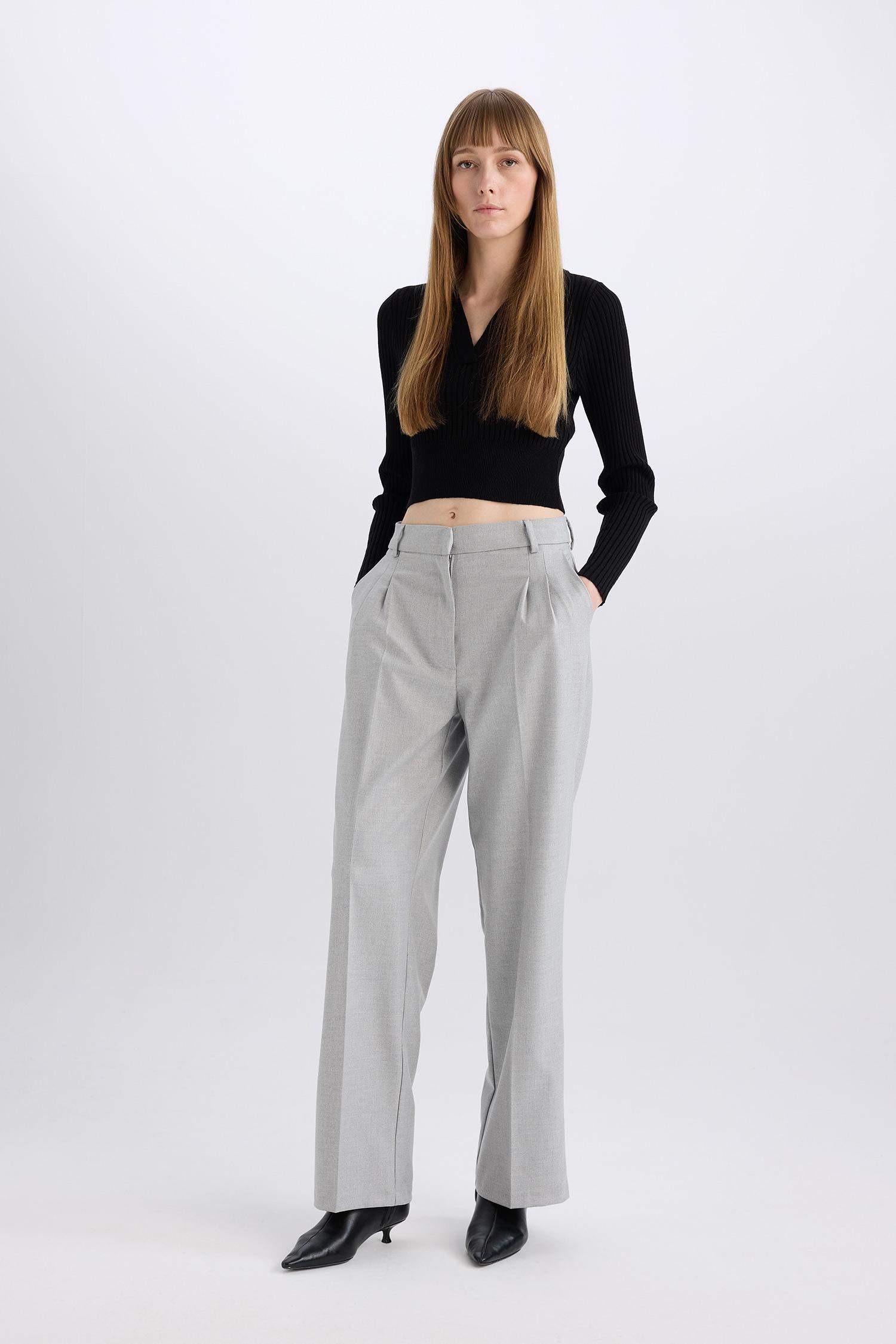 High Waist Straight Leg Darted Flannel Wide Leg Trousers