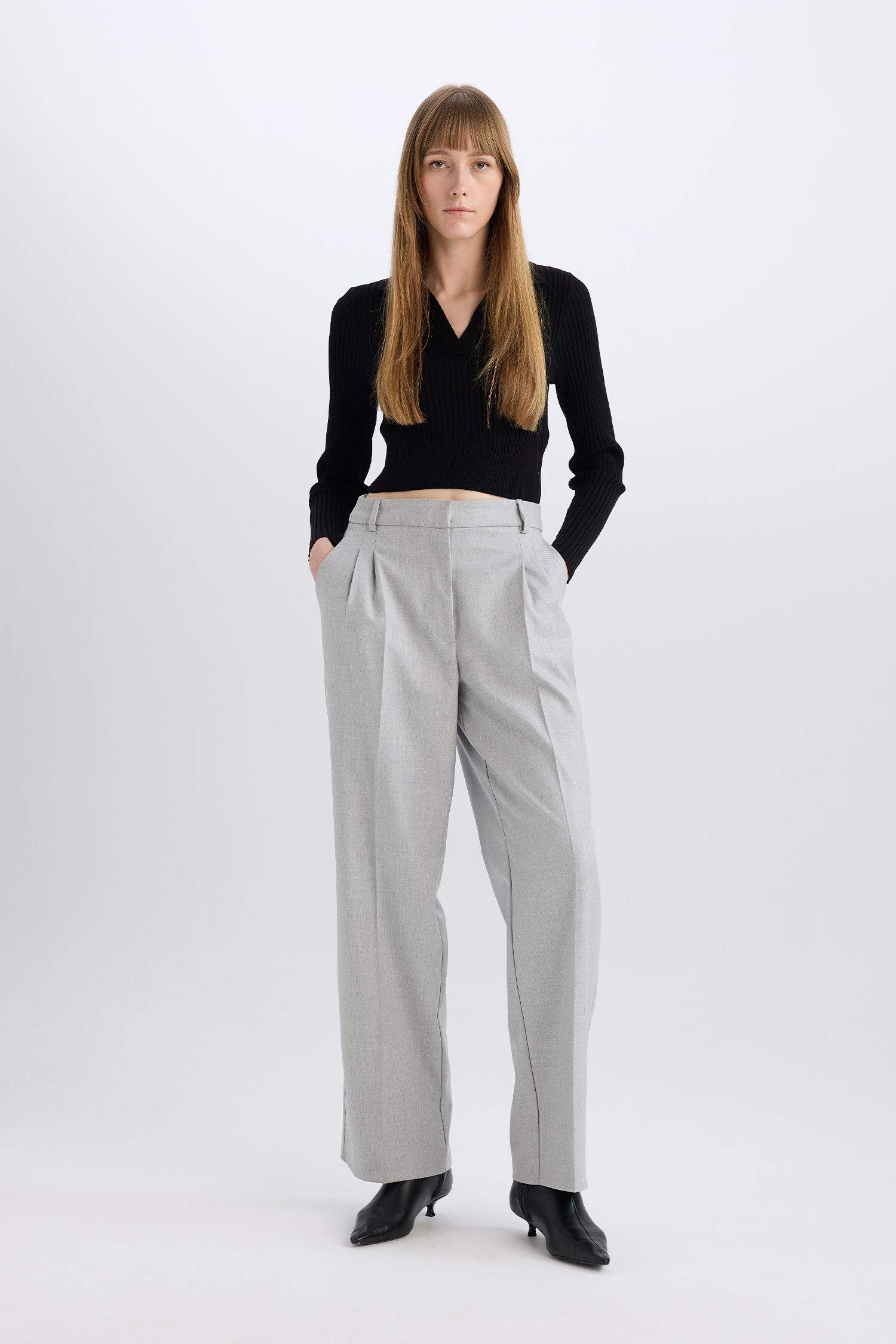 High Waist Straight Leg Darted Flannel Wide Leg Trousers