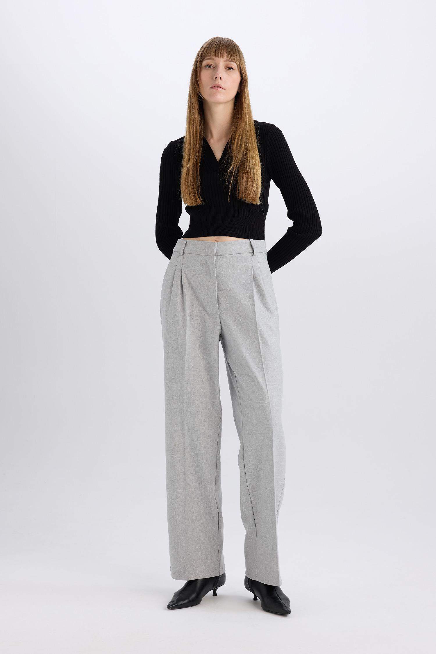 High Waist Straight Leg Darted Flannel Wide Leg Trousers
