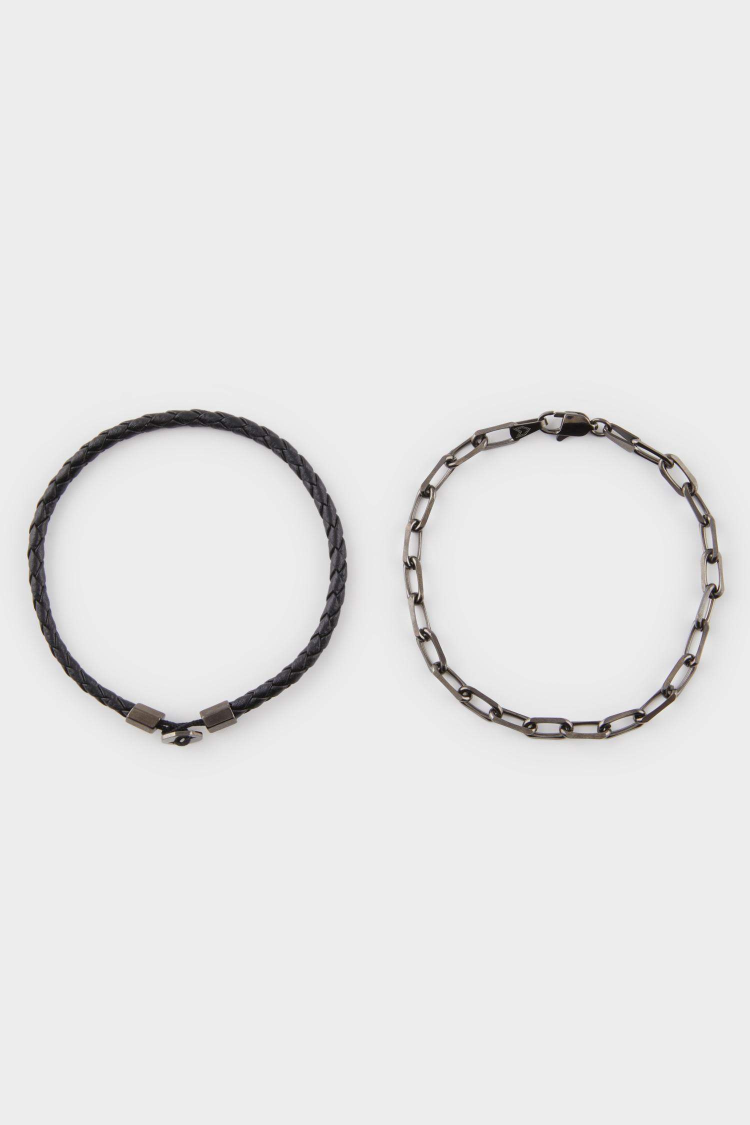 AtolyeWolf x DeFacto Erkek 2'li Siyah Forsa Siyah Deri Çelik Parçalı ve Çelik Zincirli Bileklik