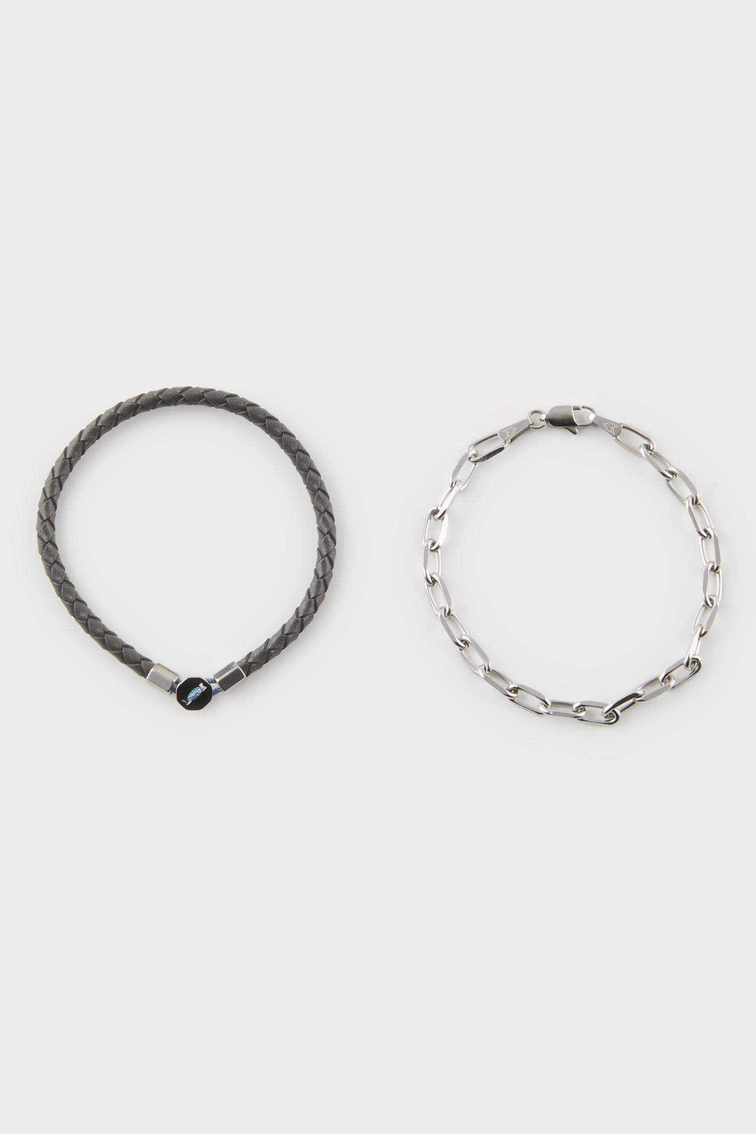 AtolyeWolf x DeFacto Erkek 2'li Siyah Forsa Gri Deri Çelik Parçalı ve Çelik Zincirli Bileklik