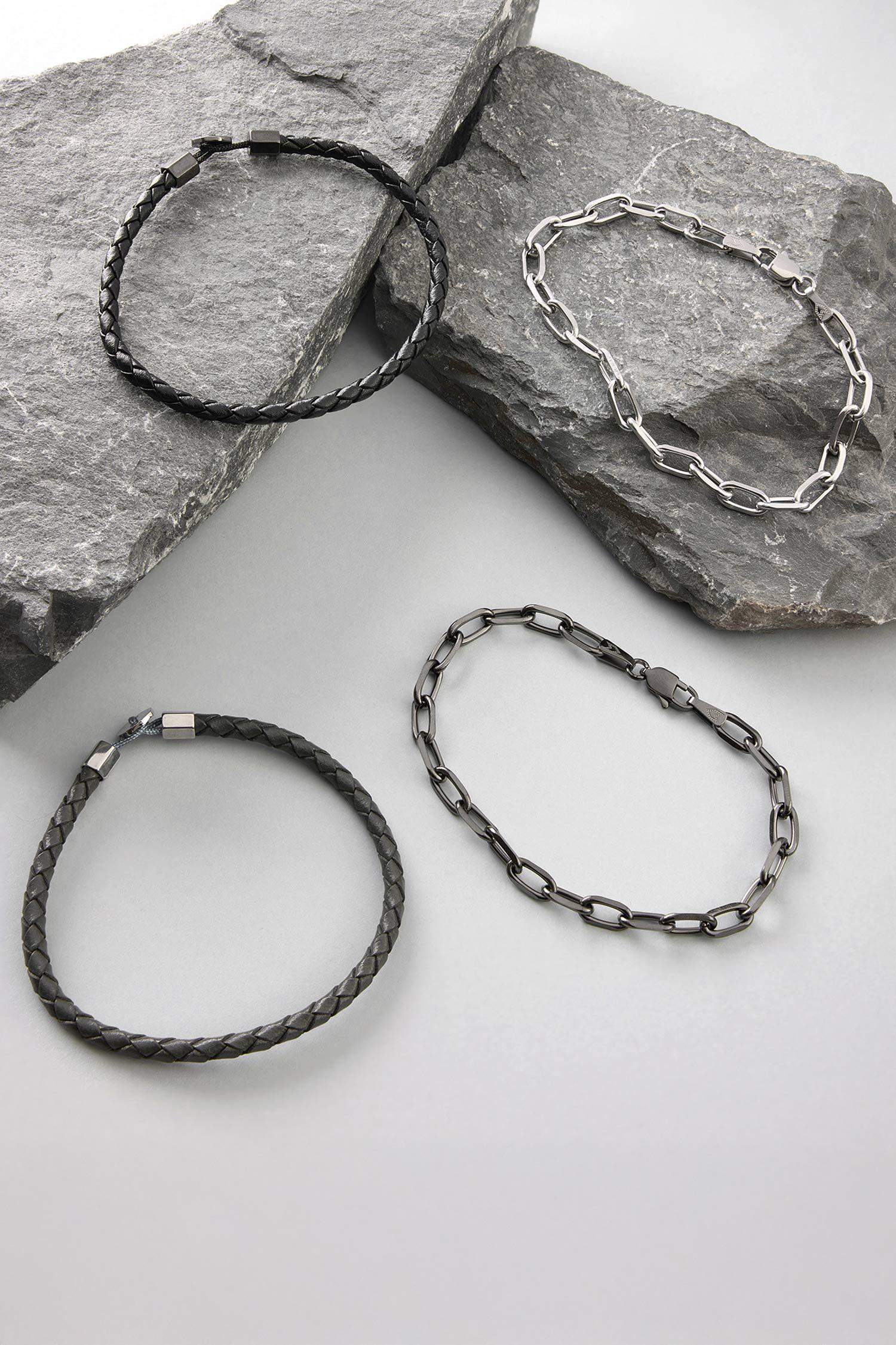 AtolyeWolf x DeFacto Erkek 2'li Siyah Forsa Gri Deri Çelik Parçalı ve Çelik Zincirli Bileklik