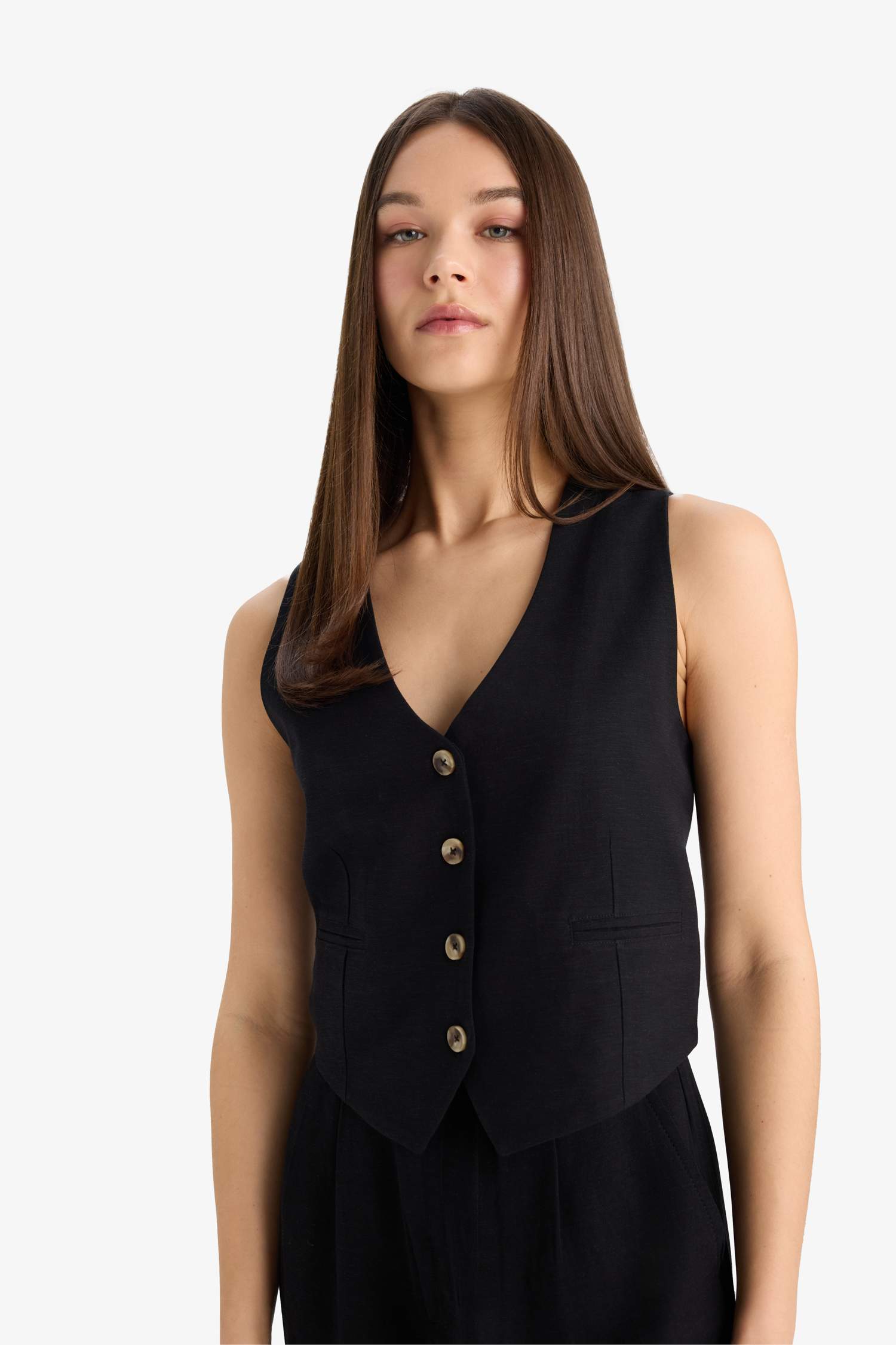 V Yaka Keten Karışımlı Blazer Yelek