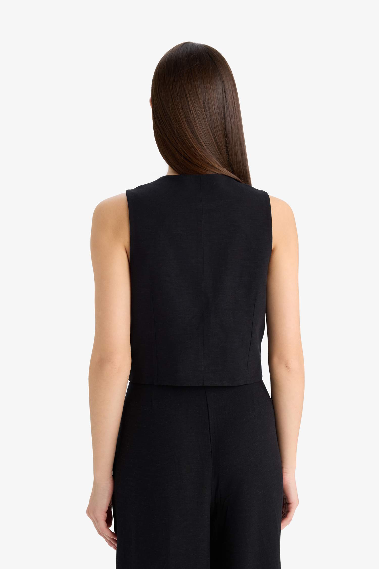 V Yaka Keten Karışımlı Blazer Yelek