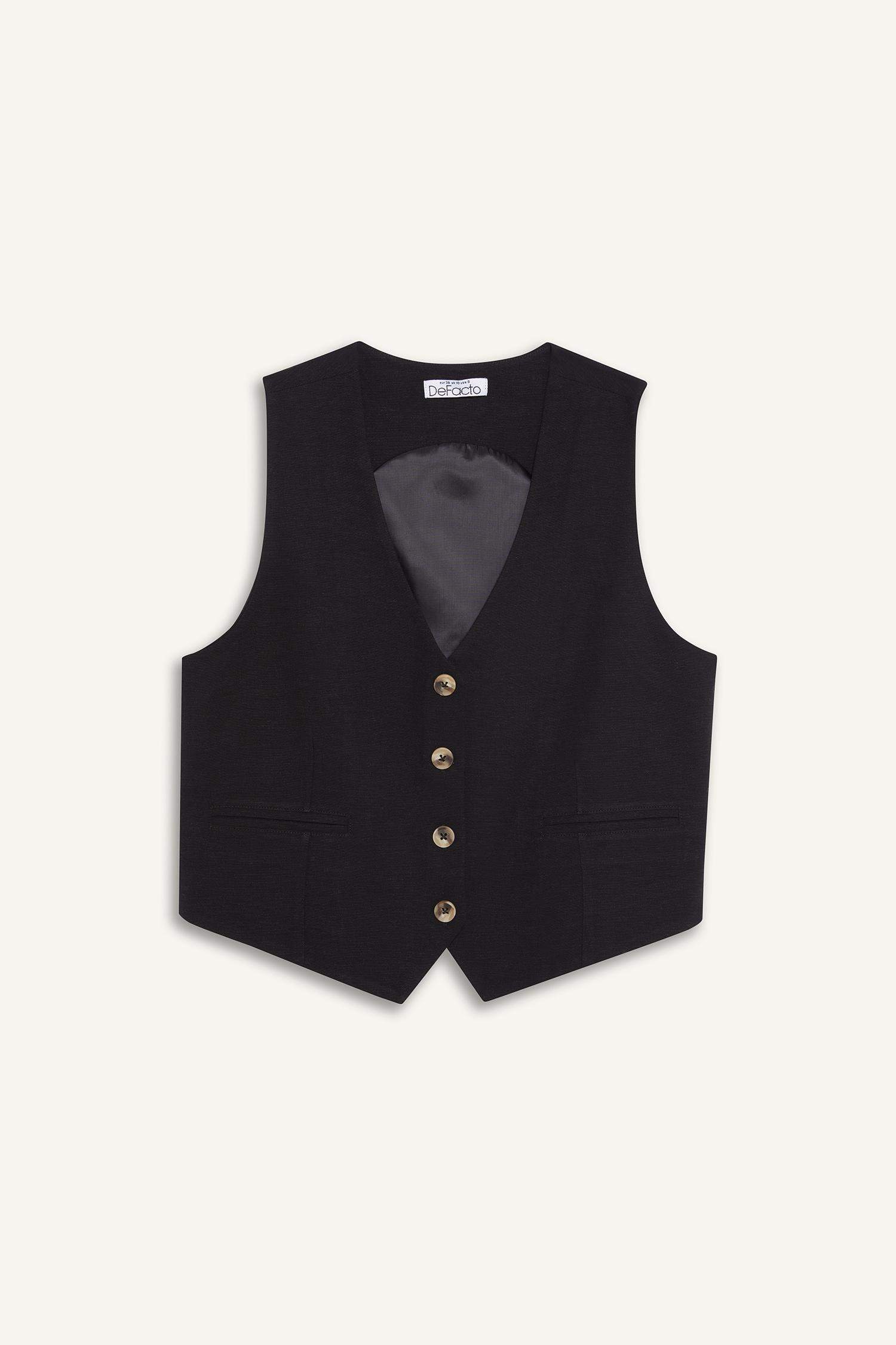 V Yaka Keten Karışımlı Blazer Yelek