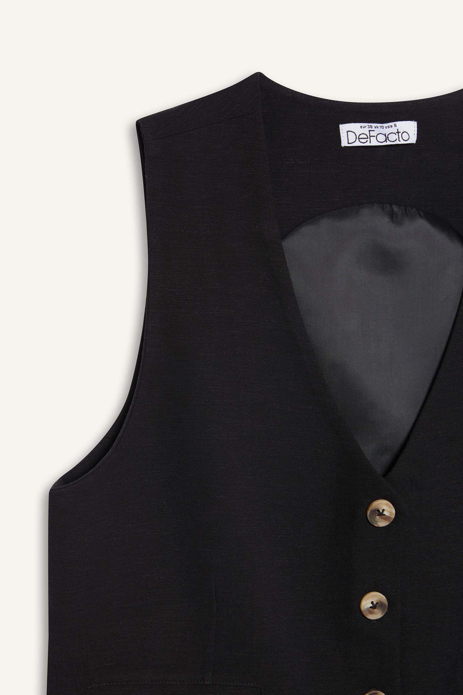 V Yaka Keten Karışımlı Blazer Yelek