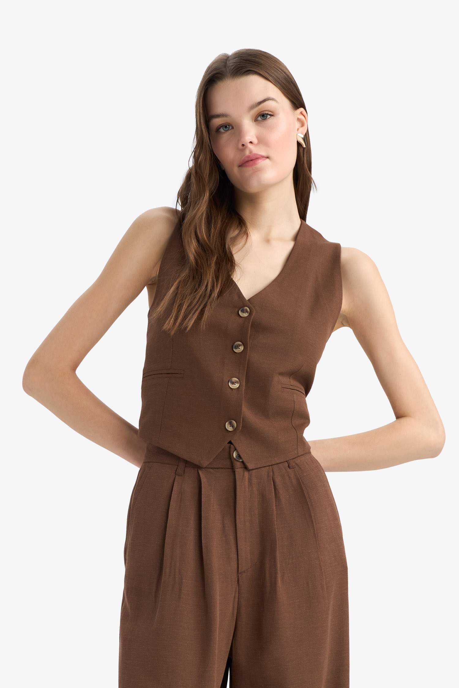 V Yaka Keten Karışımlı Blazer Yelek