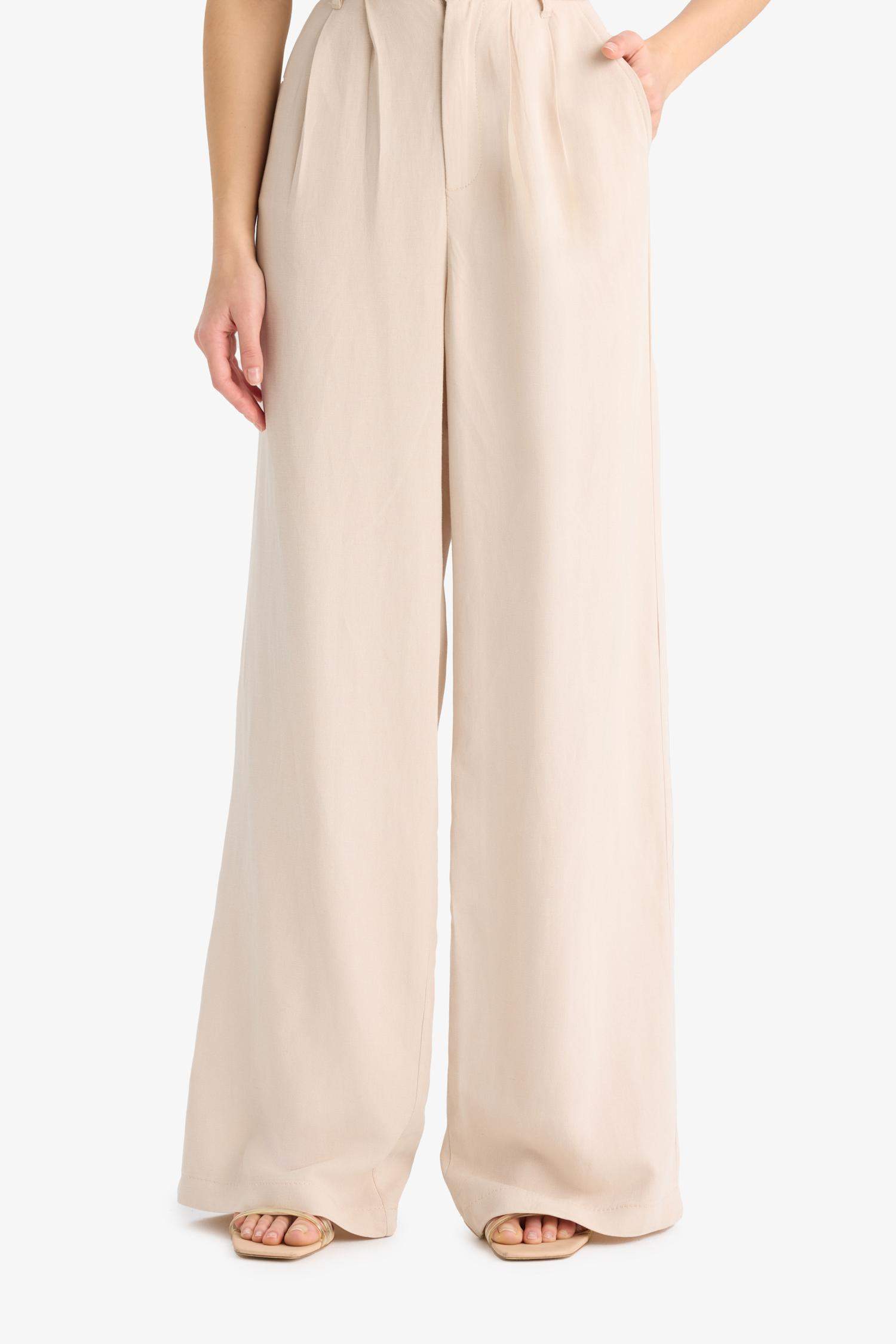 بنطرون برجل واسع وايد ليج وخصر عالي من مزيج الكتان