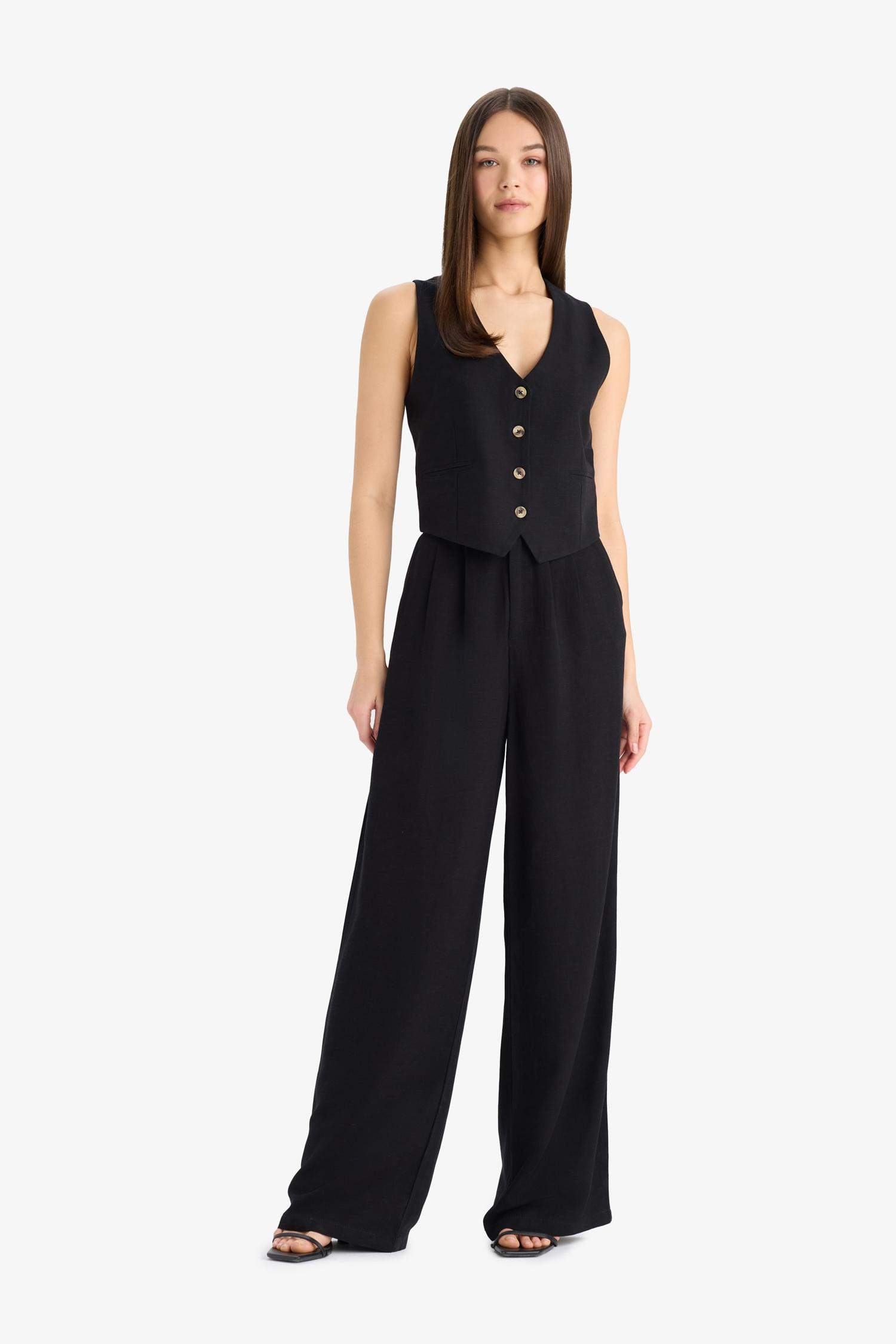 Wide Leg Fermuarlı Normal Bel Standart Boy Geniş Paça Keten Karışımlı Palazzo Pantolon