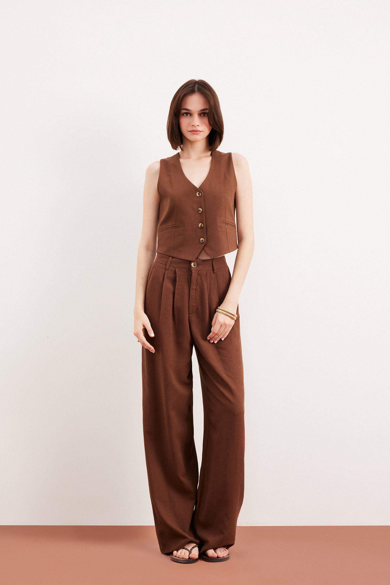 بنطرون وايد ليج برجل واسع من مزيج الكتان وخصر عالي